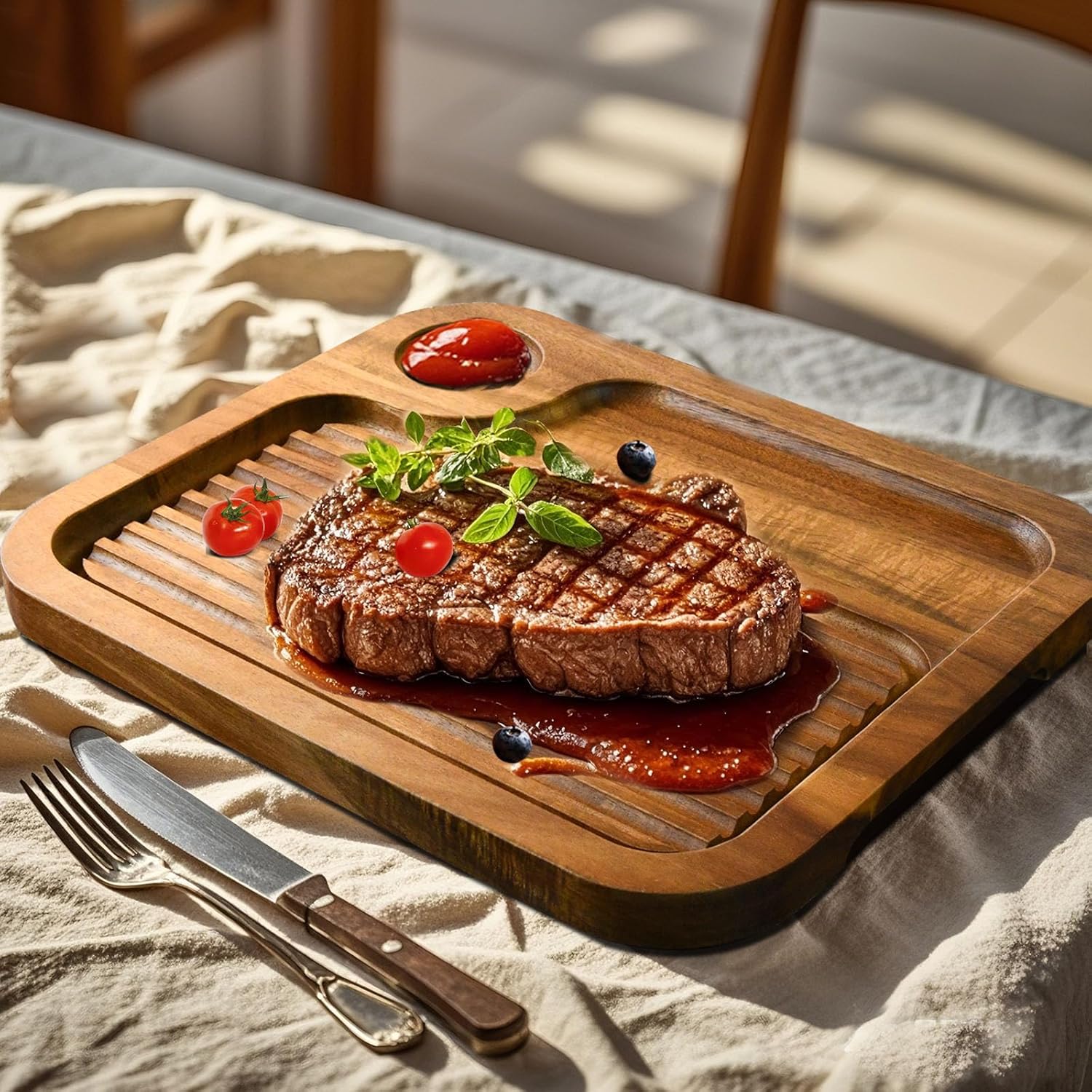 4 pcs Acacia Wood Steak Plates,Carnivore Cutting Board for Eating, Carved Meat Wooden Plate, Food Serving Tray,Cheese Charcuterie Boards with Deep Grooves & Hidden Handles - Image 7