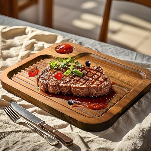 Miniatura 7 de 4 platos de madera de acacia, tabla de cortar de carnívoro para comer, plato de madera de carne tallada, bandeja para servir alimentos, tablas de