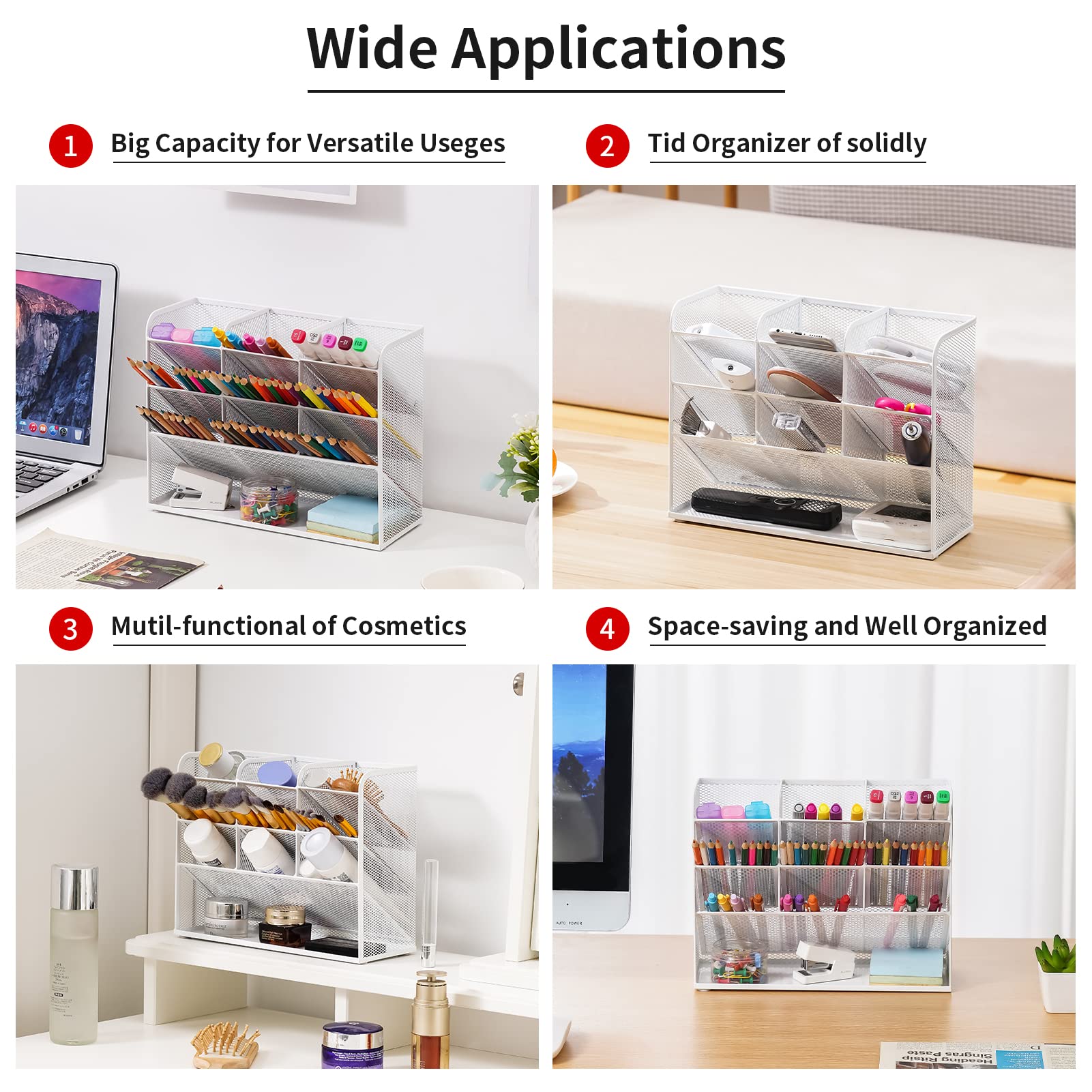 Marbrasse Mesh Desk Organiser,Multi-Functional Pen Holder,Pen Organiser for Desk,Desktop Stationary Storage Rack for School Home Office Art Supplies(White) - Image 3