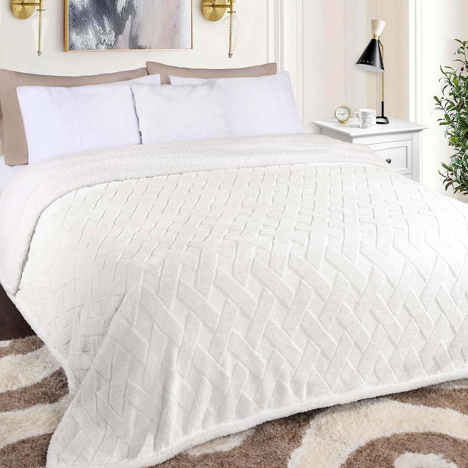 BNM Fleece Sherpa Reversible Lattice Blanket, Decorative Blankets for Bedroom, Sofa, Fuzzy, Plush, Fluffy, Soft, Cute Room Decor, Beautiful Cover, Comfort Essentials for Living Room, Twin, Platinum