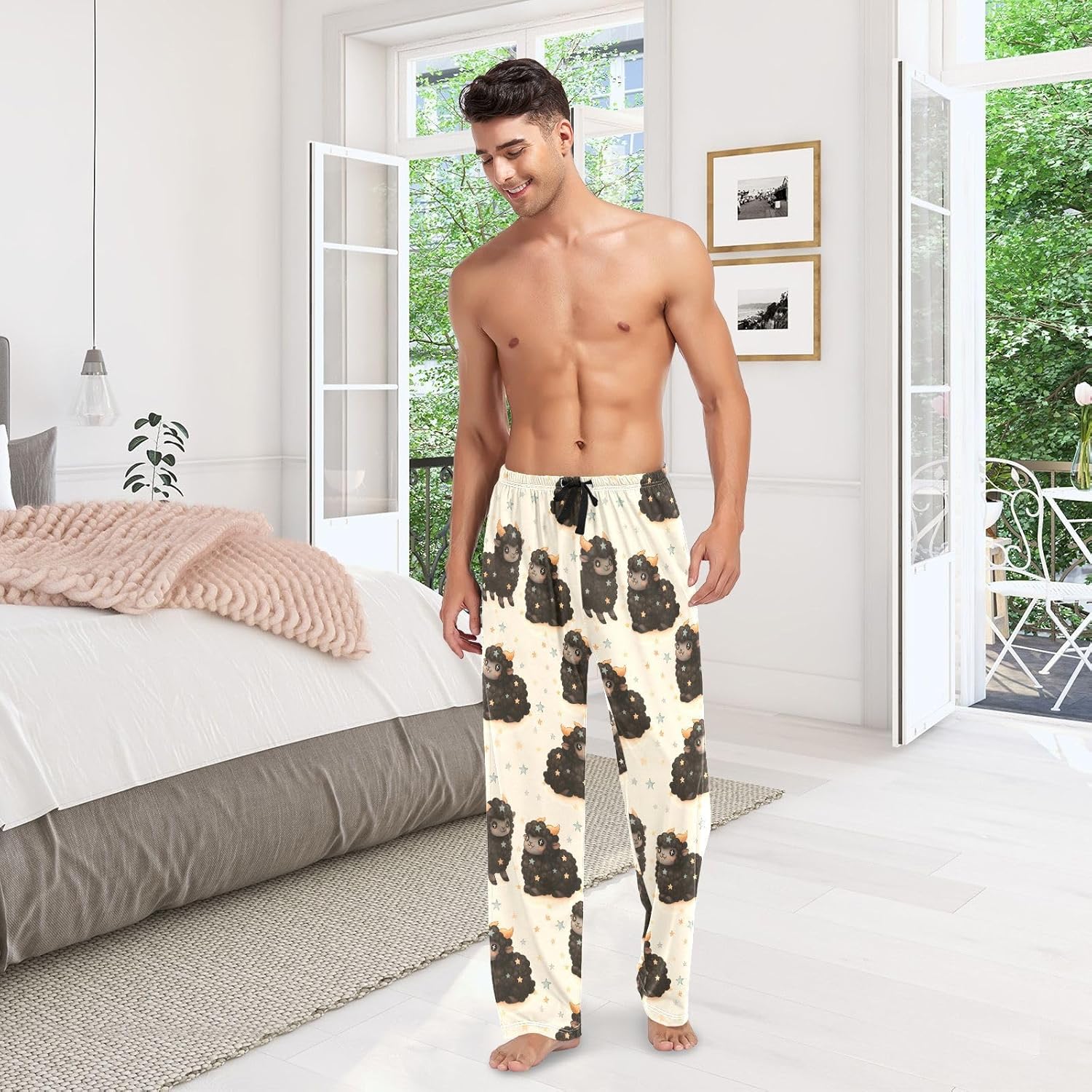 ALAZA Cute Sheep Stars Men's Pajama Pants Men Cotton Pajama Bottoms with Pockets, S
