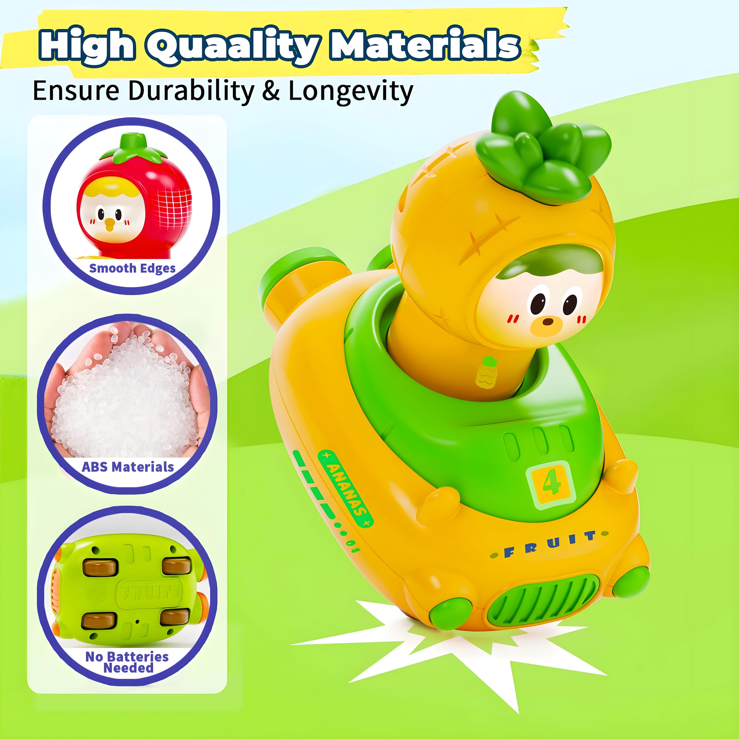 MOONTOY Lot De 4 Voitures Fruits à Presser – Jouets Press And Go Sans Pile – Éveil Précoce 10 12 18 Mois – Cadeau Garçon Fille 1-3 Ans