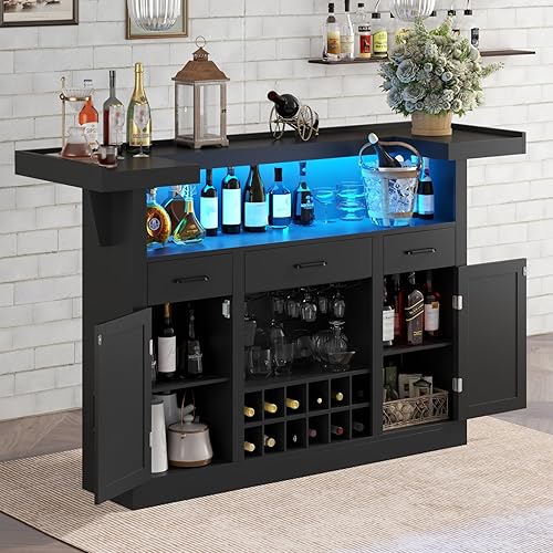 Miniatura 8 de Loomie Armario de mesa de bar con LED y 3 cajones, barra de licor con estantes de almacenamiento ajustables y soportes para vasos, mostrador en