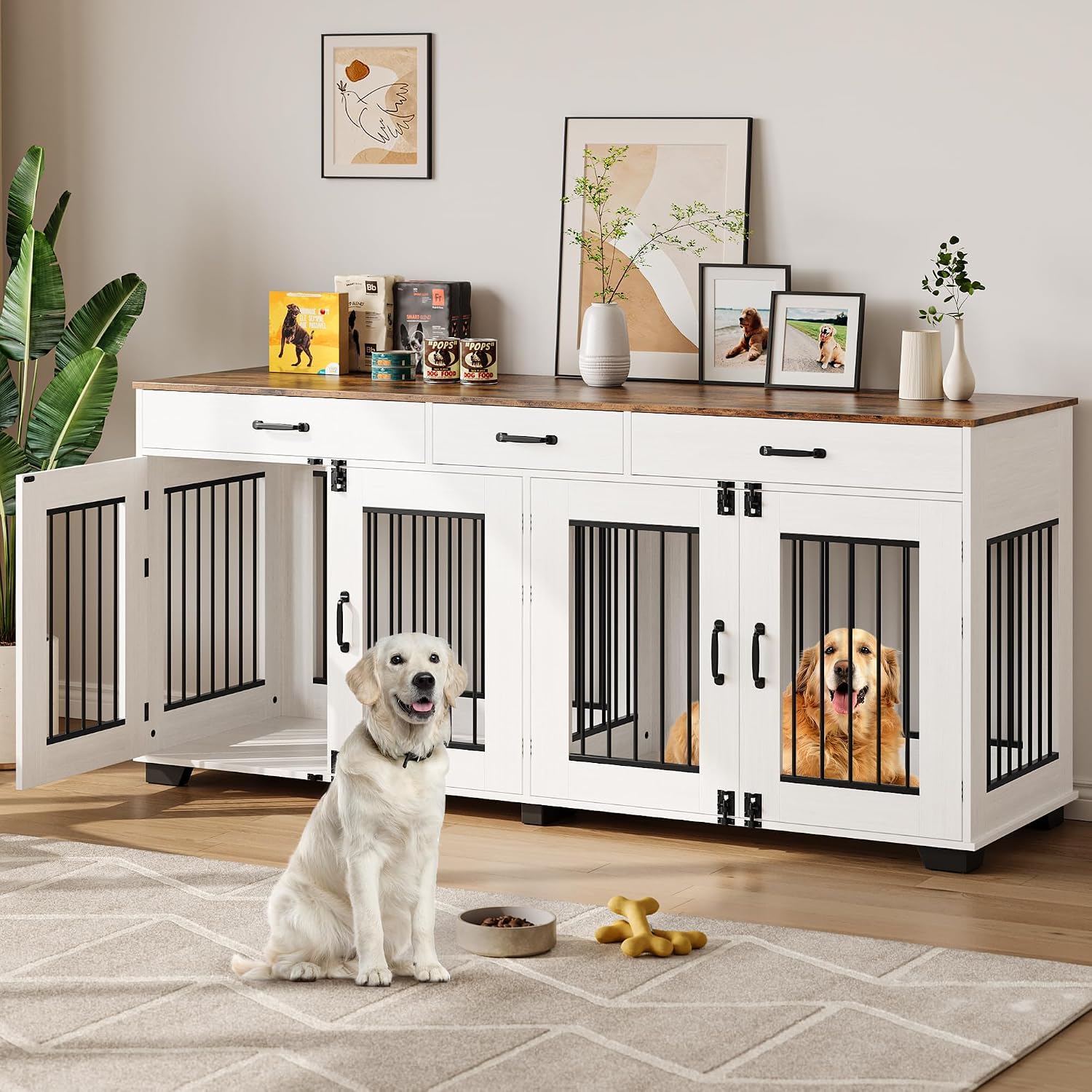 GarveeLife 71'' Large Dog Crate for 2 Dogs, Dog Crate Furniture with 3 Drawers, Heavy Duty Dog Cage and TV Stand for Medium Large Dogs, White
