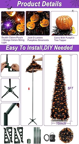 Miniatura 3 de TURNMEON 5Ft Black Tinsel Halloween Tree with 50LED Orange Purple Lights Timer 8 Modes Pumpkin Ornament Pop Up Artificial Pencil Tree Halloween
