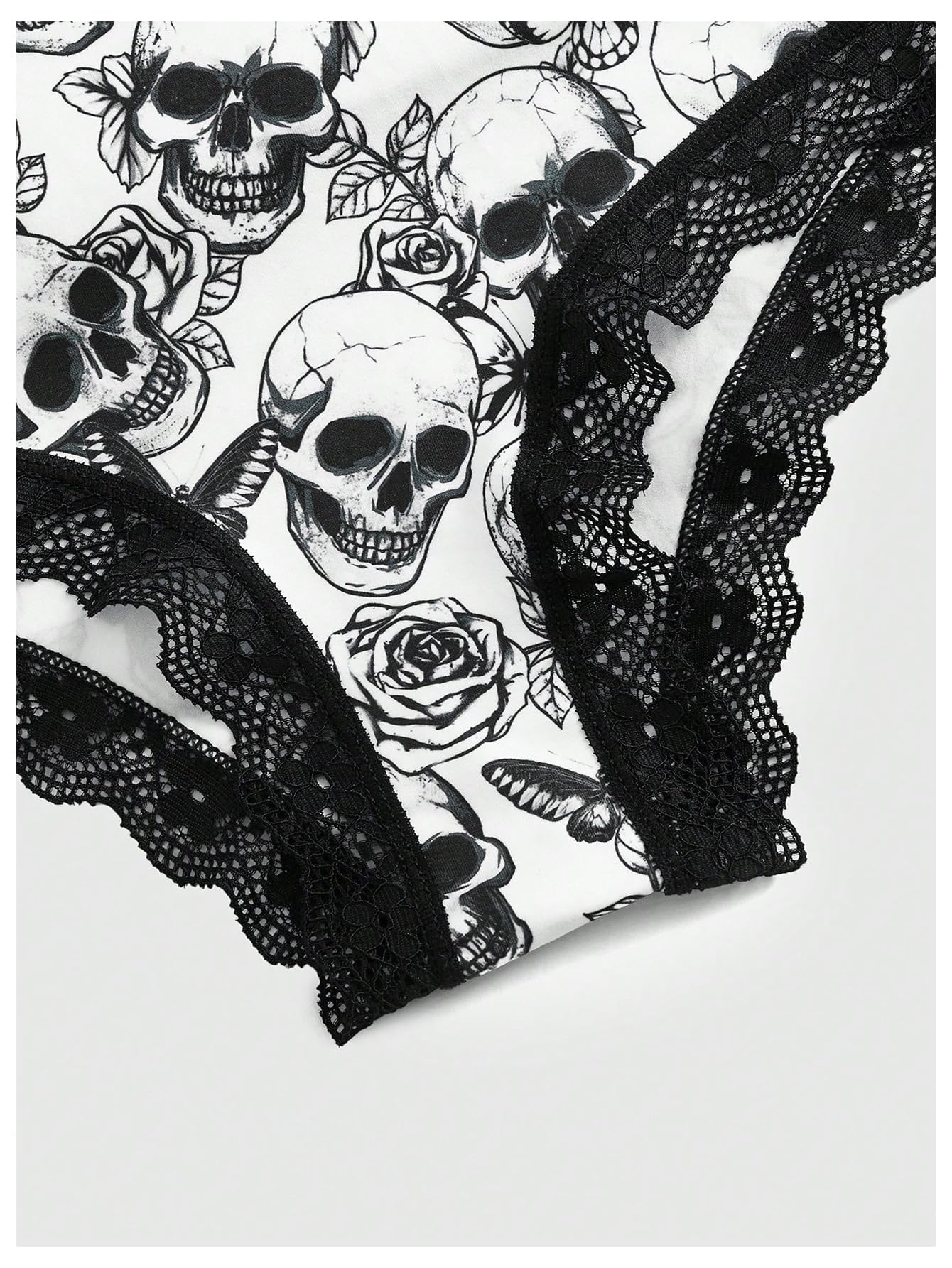 WDIRARA Women's 5 Pack Set Goth Graphic Print Mesh Sheer Lace Trim Mid Rise Underwear Briefs: X-Small Black Multicolor