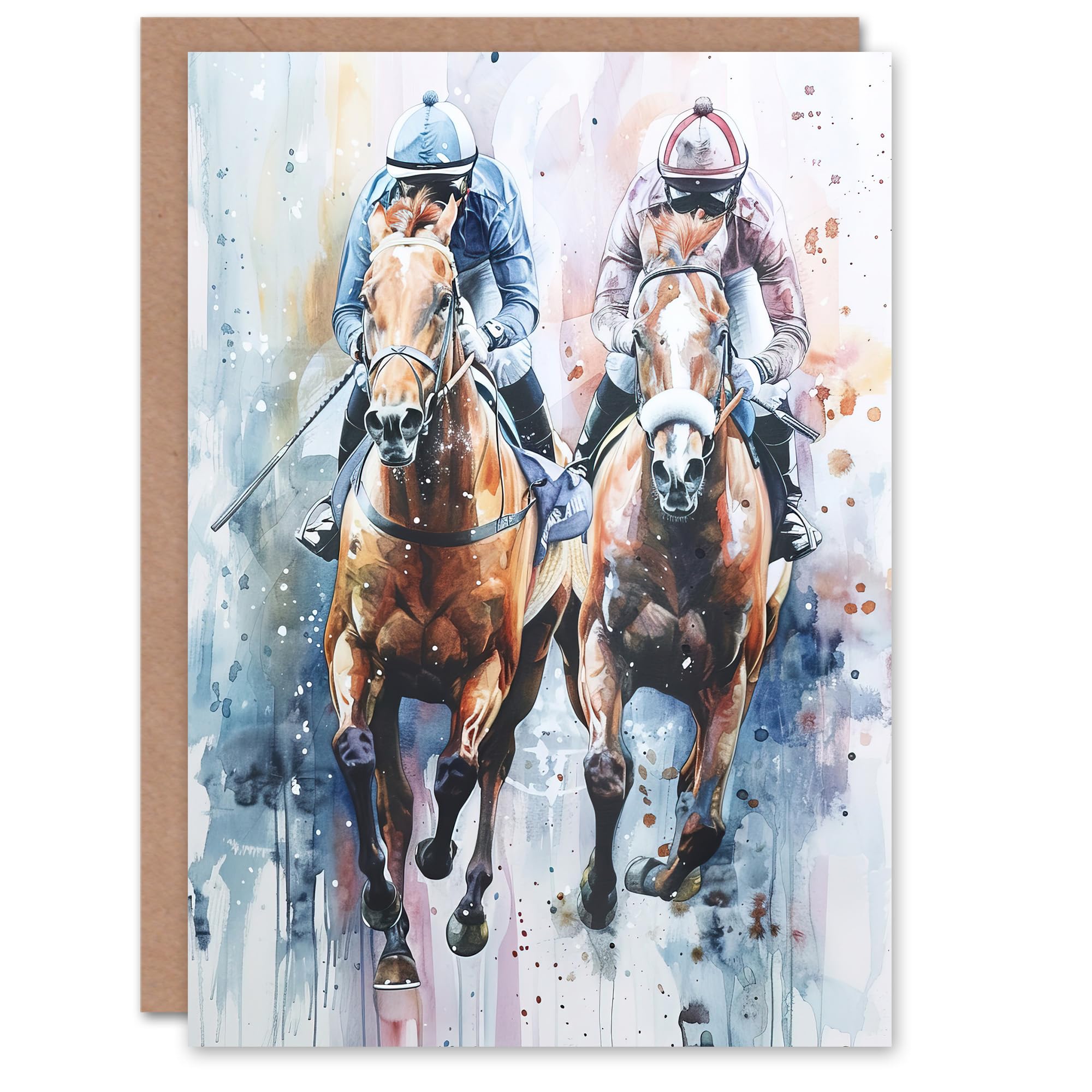 Artery8 Greeting Card Jockeys on Racehorses Modern Pastel Watercolour Blank For All Him Or Her Art Birthday Card