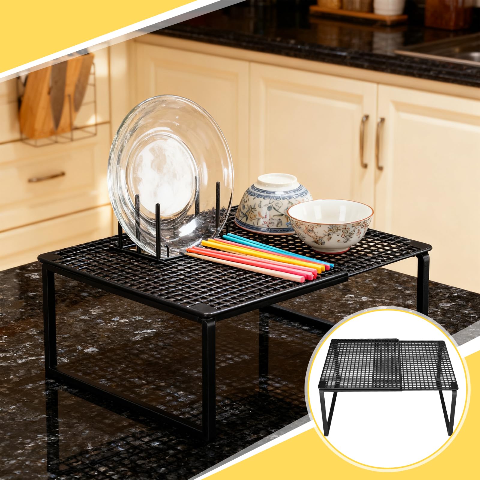 KESOTO Mensola Salvaspazio per Cucina, Divisori per Armadio Interno Espandibile in Lunghezza, Divisorio per Ripiano in Ferro per Riporre Piatti, Stoviglie, Ciotole, Nero Da 38 a 62 Cm