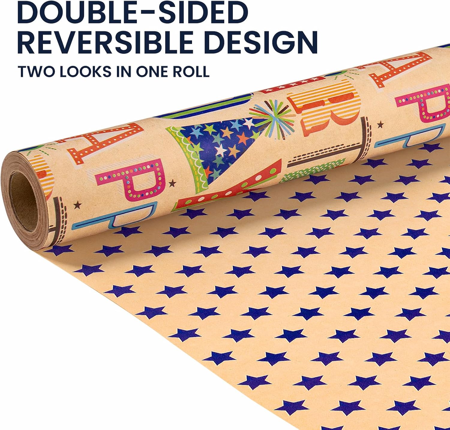 RUSPEPA Reversible Kraft Birthday Wrapping Paper, 17" x 9.8 ft Mini Roll Double Sided, Gift Wrap for Kids Boys Girls Happy Birthday Party Celebration