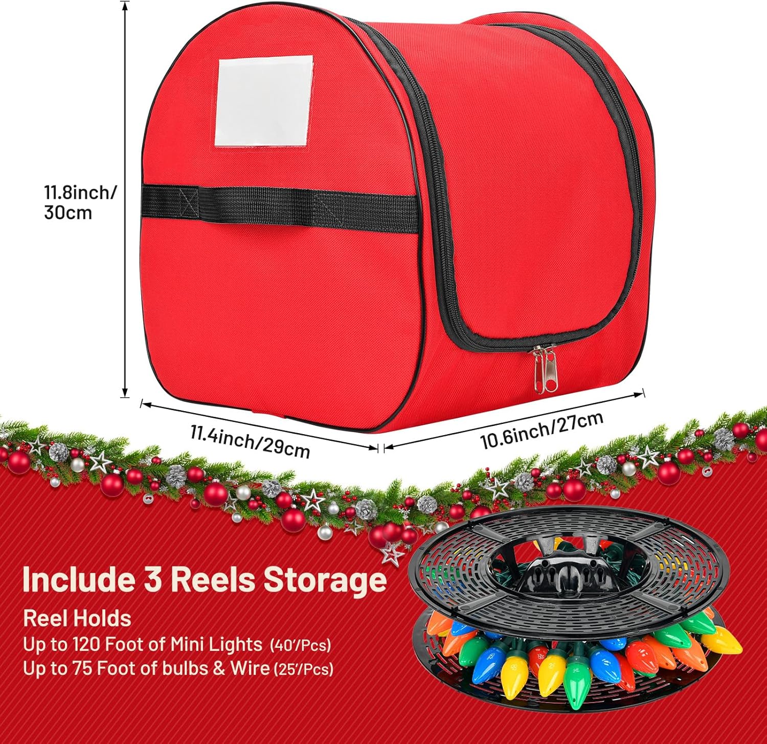 Christmas Light Storage Bag, Heavy Duty 600D Fabric with Reinforced Handle, 3 Reels Stores up to 375 Ft of Mini Lights & Extension Cords, Waterproof & Anti-tear Christmas Storage Bag for Holiday, Red