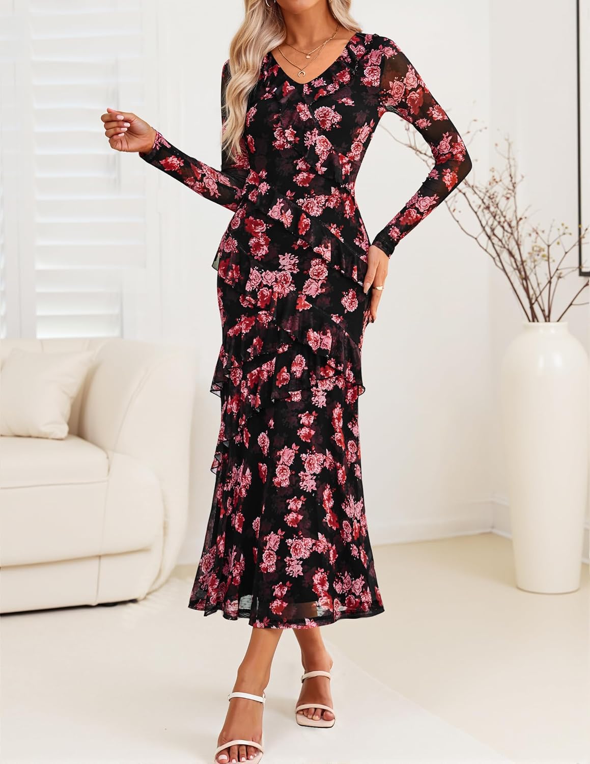 ZESICA Women's Fall Floral Long Sleeve Maxi Dress 2026 Boho Bodycon V Neck Ruffle Wedding Party Long Dresses