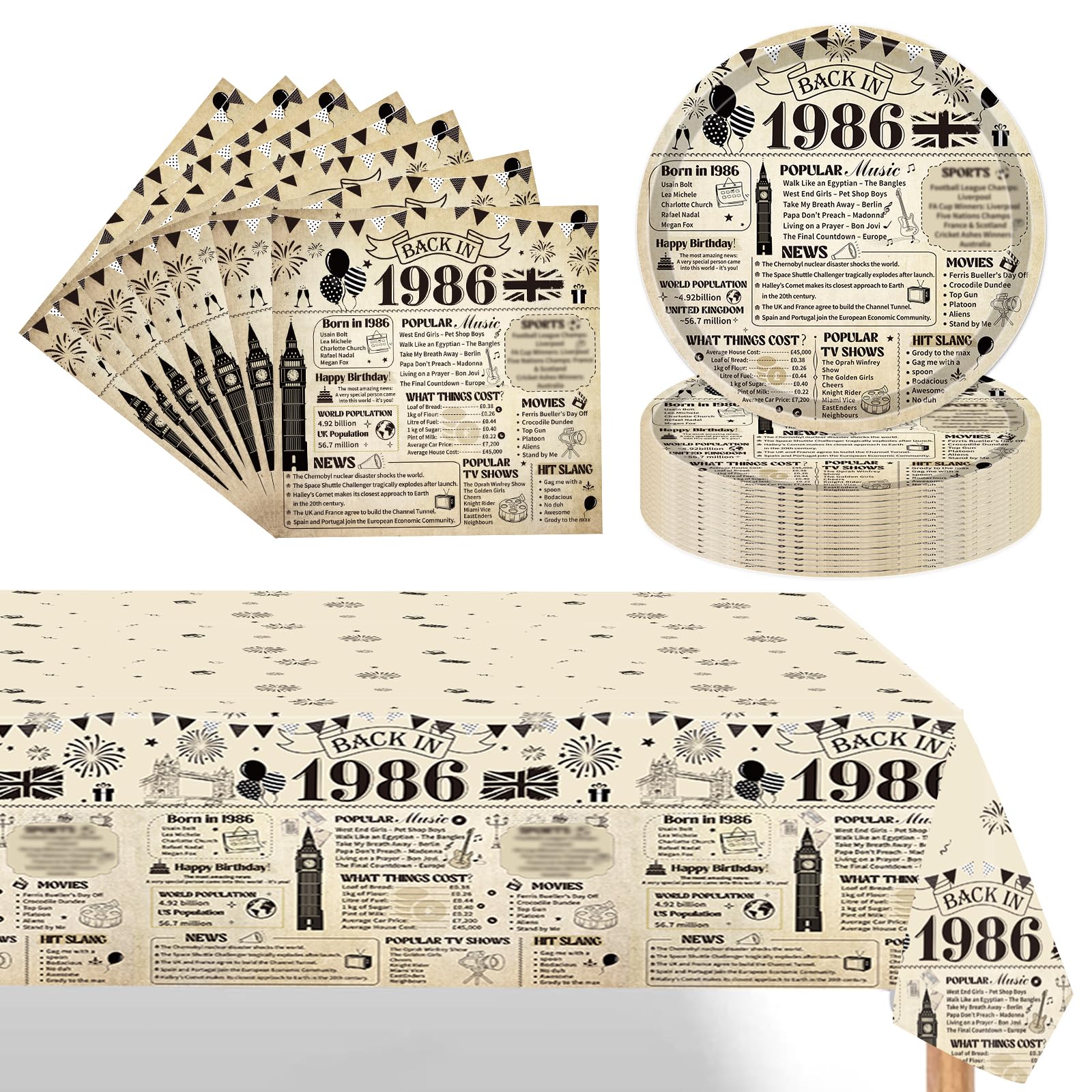 Eiapadeor 40th Birthday Decorations Tableware Set - 37 Pcs 40th Birthday Party Plates Napkins Table Cloth Vintage Back in 1986 Disposable Dinnerware Set for Women Men 40 Year Old Party Supplies