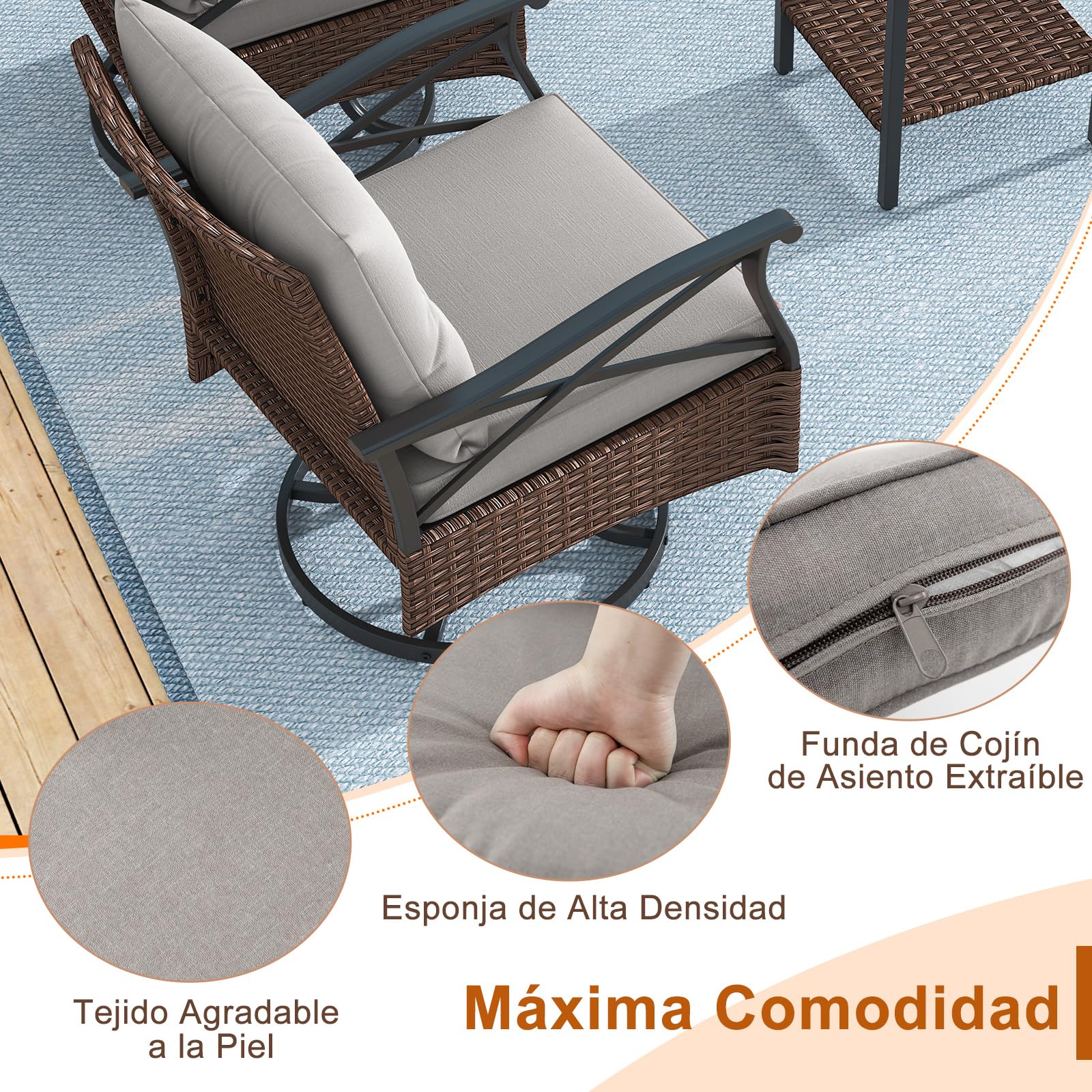 COSTWAY Conjunto Jardin Exterior de Ratan 3 Piezas, 2 Mecedoras de 360 Grados, 1 Mesa Auxiliar de Vidrio Templado 2 Niveles, Cojines, Mesa y Sillas Jardin Terraza Balcon
