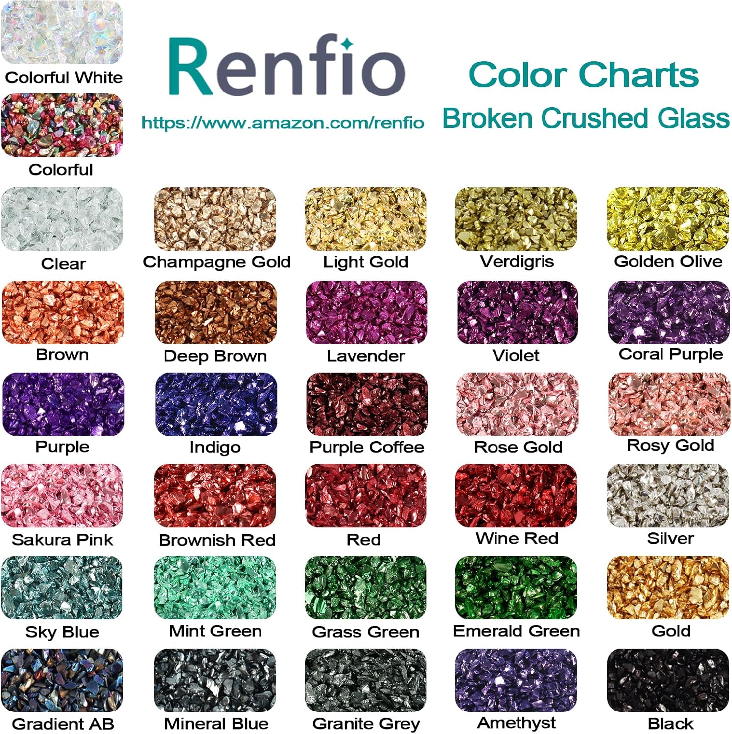 Renfio 32 Colors Broken Crushed Glass Glitter Set, 22.57oz 640g Glitter Shards 2-4mm Irregular Metallic Glass Chips Crystal Chunky Flakes Sequins Gravel for Resin Craft Supplies, Jewelry Making, Nail