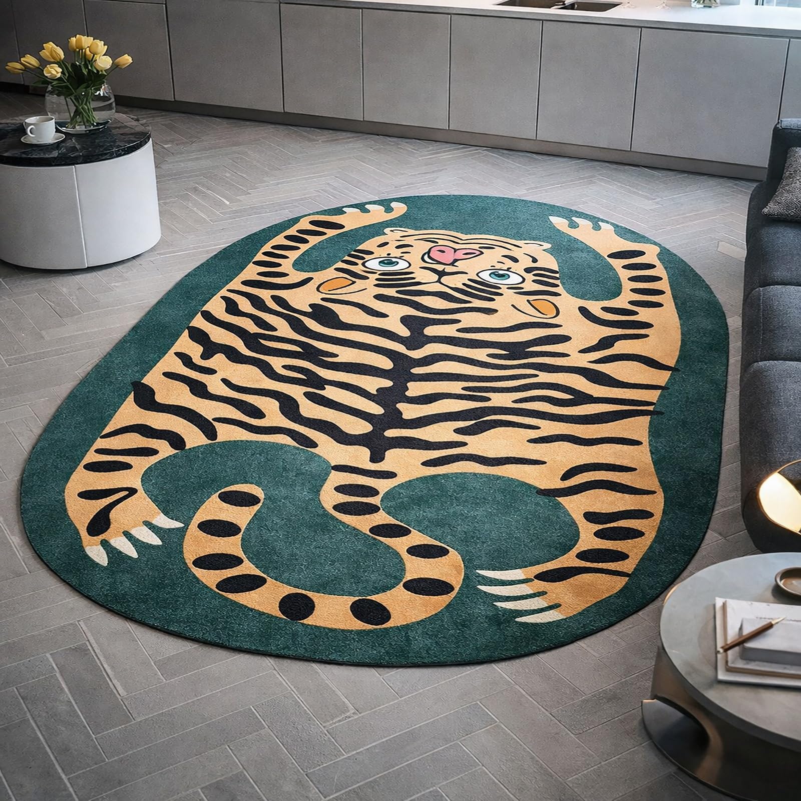 Tapis ovale salon aux motifs animaliers turquoise et or