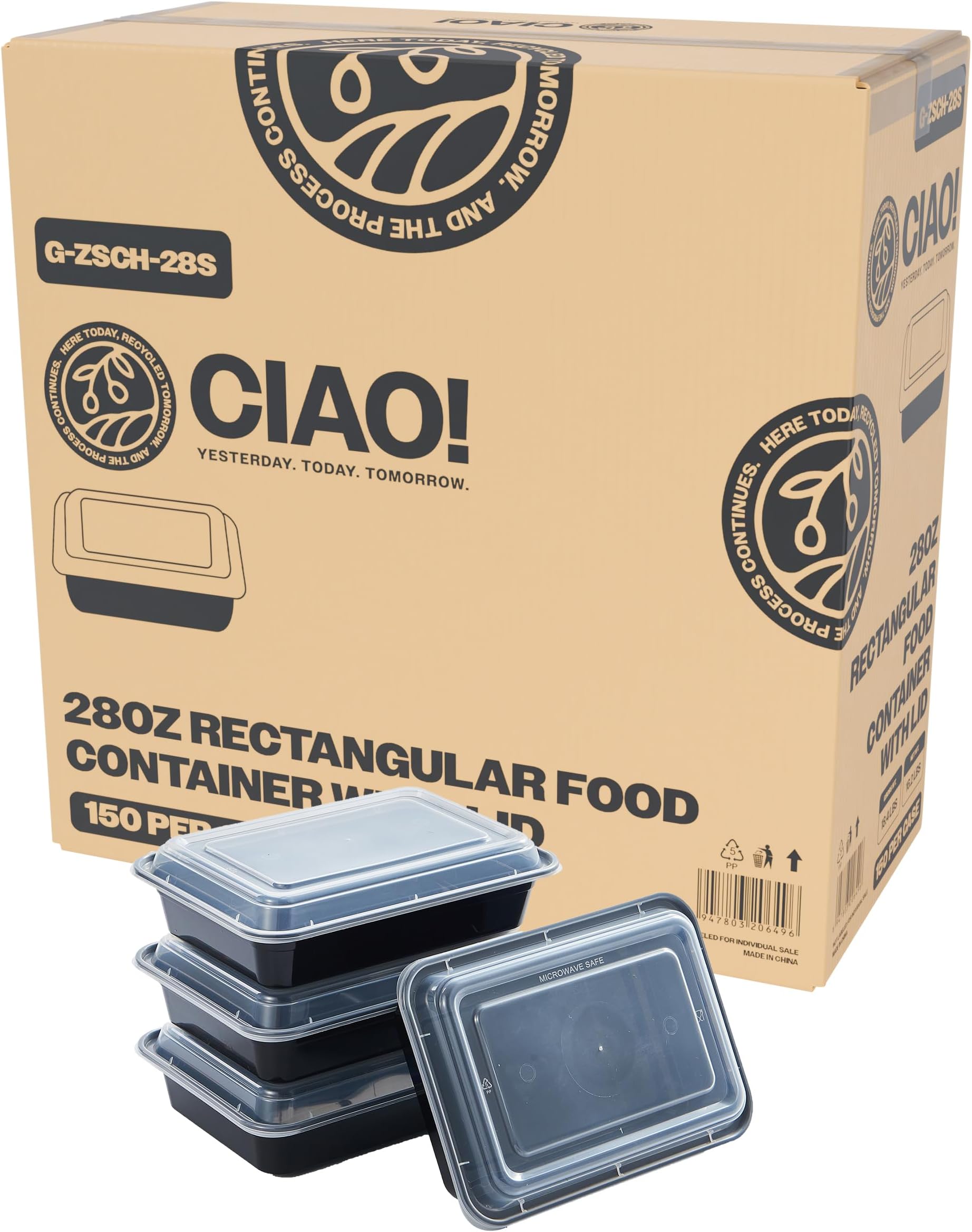 CIAO! Heavy Weight 28oz Injection Molded Microwavable Black Rectangular Food Container with Lid (150/case)
