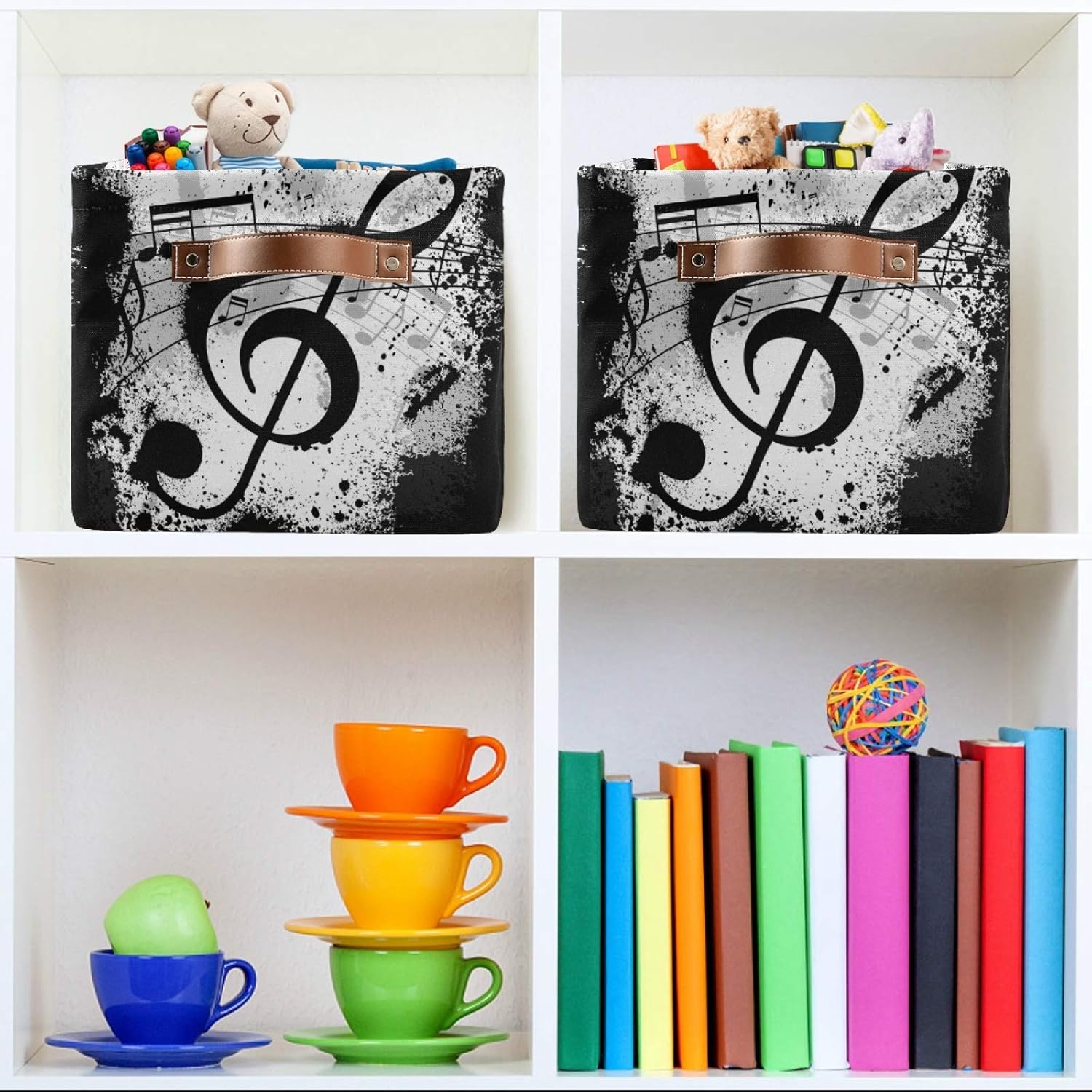 AUUXVA Storage Basket Art Painting Music Note Storage Cube Box Durable Canvas Collapsible Toy Basket Organizer Bin with Handles for Shelf Closet Bedroom Home Office