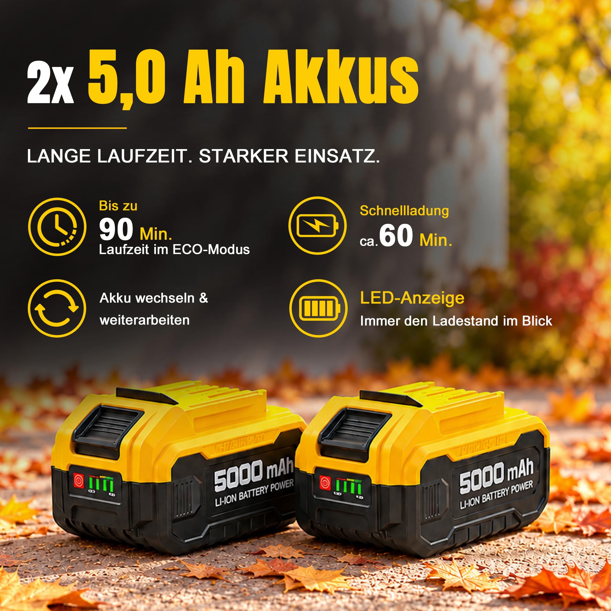 LDHTHOPI Akku-Laubbläser, 320 km/h Bürstenloser Motor, 2X 5000mAh Akkus & Ladegerät, 13-Stufen Kabellos Laubgebläse, 2,6 kg Leicht für Garten, Laub & Schnee