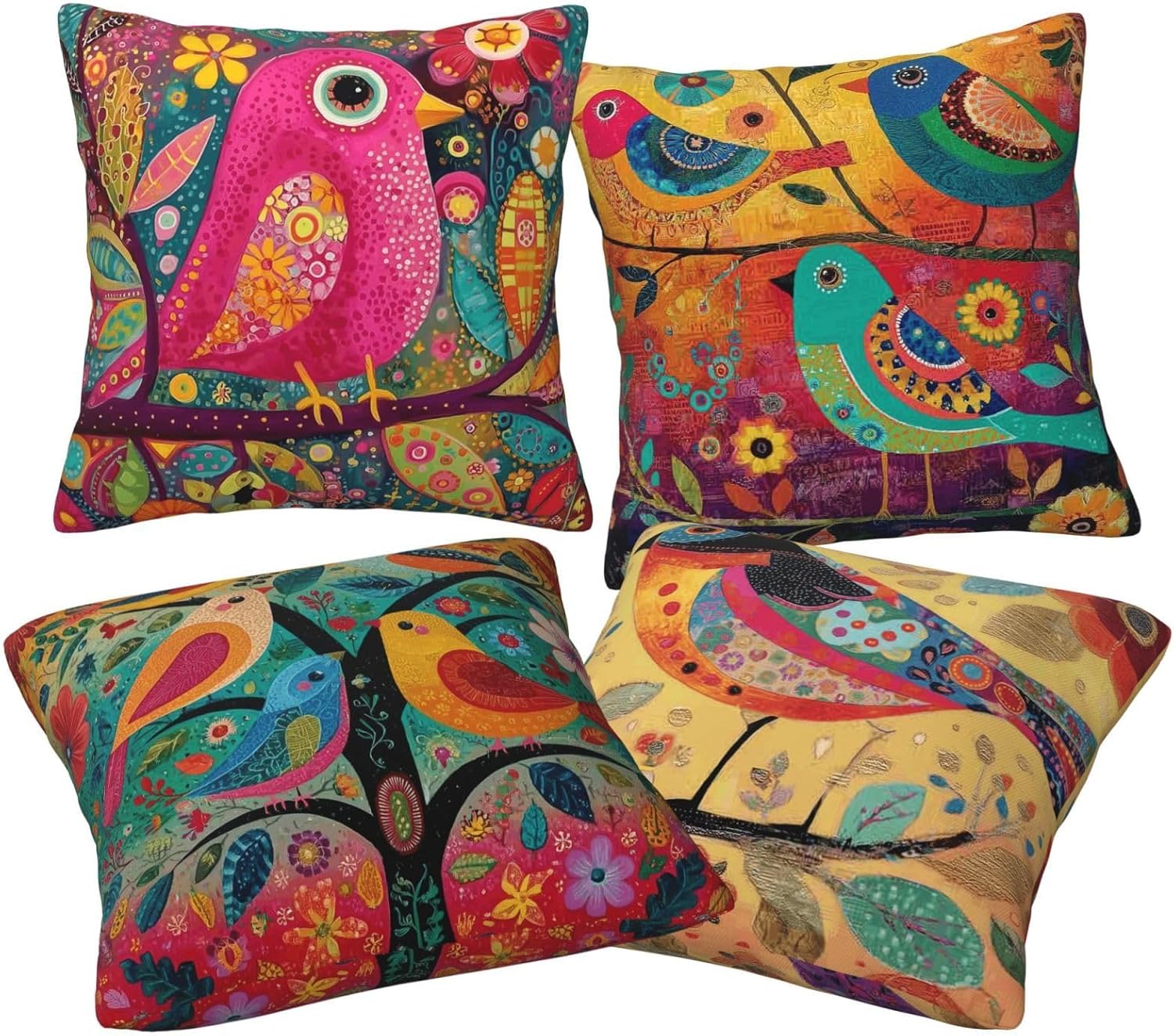 Colorful Bird Throw Pillow Covers Set of 4 Decorative Soft Double Sided Print Pillow Case Farmhouse Home Decor for Living Room Sofa Couch 18x18