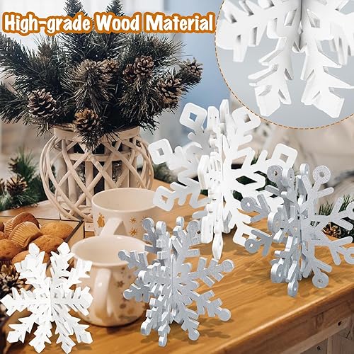 Miniatura 49 de OuMuaMua Juego de 6 decoraciones de mesa de Navidad con copos de nieve – 12 piezas de madera blanca 3D decoración de copo de nieve de mesa
