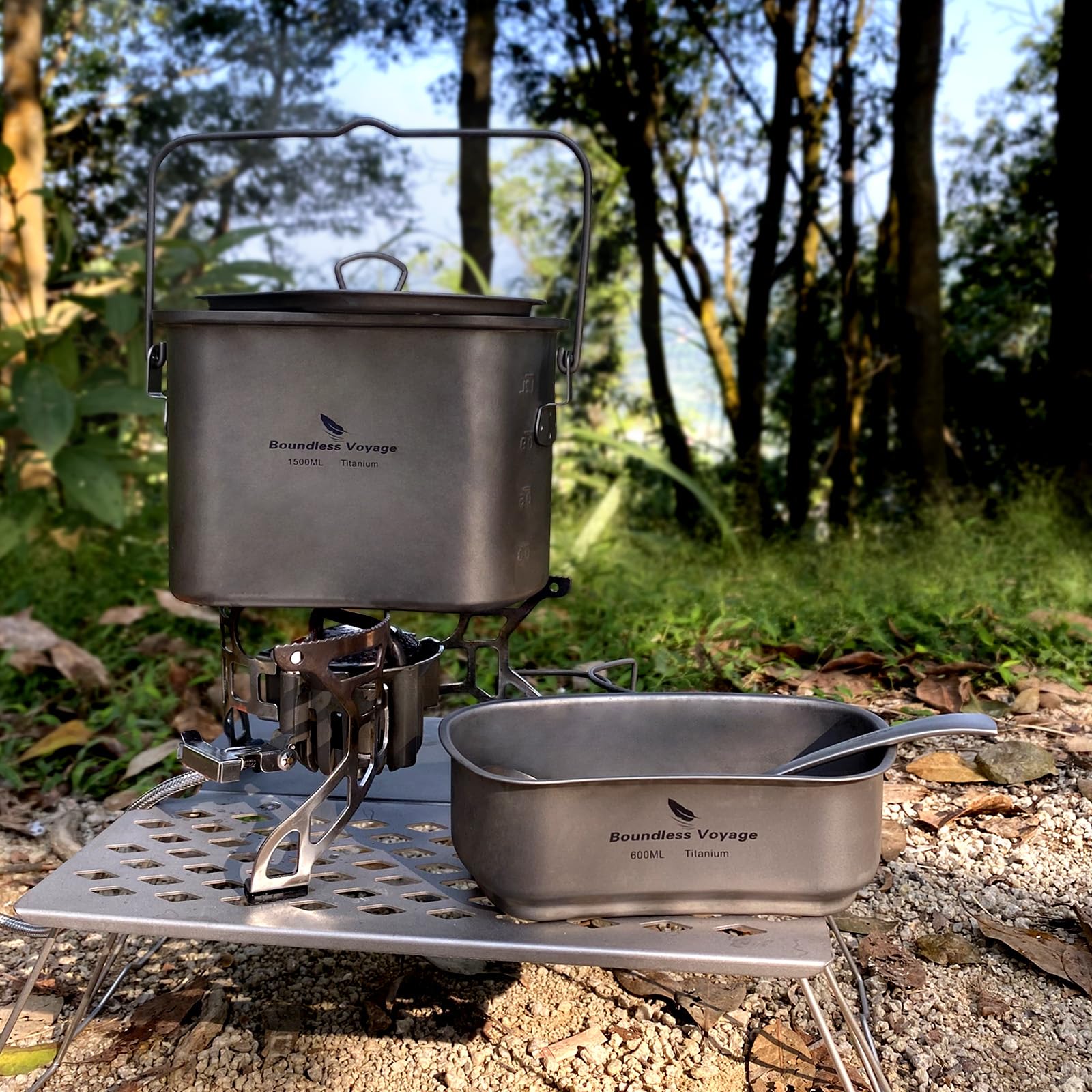 Boundless Voyage Titan-Kantinenbecher-Mess-Set Nierenförmiges Camping-Titan-Kochset zum Aufhängen mit Deckel und Griffen Ti2059C