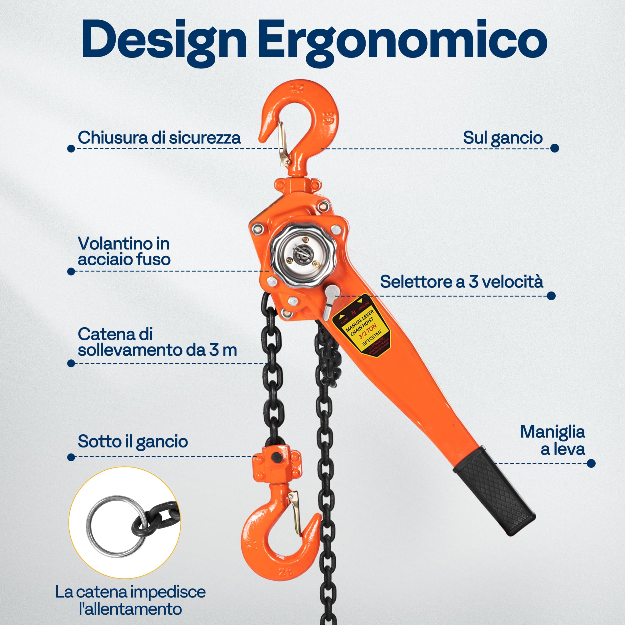 SPECSTAR Paranco a Leva Manuale Catena 1500kg in Acciaio al Manganese G80 Altezza di Sollevamento 3m Rotazione a 360° con Gancio Robusto con 3m Doppia Catena