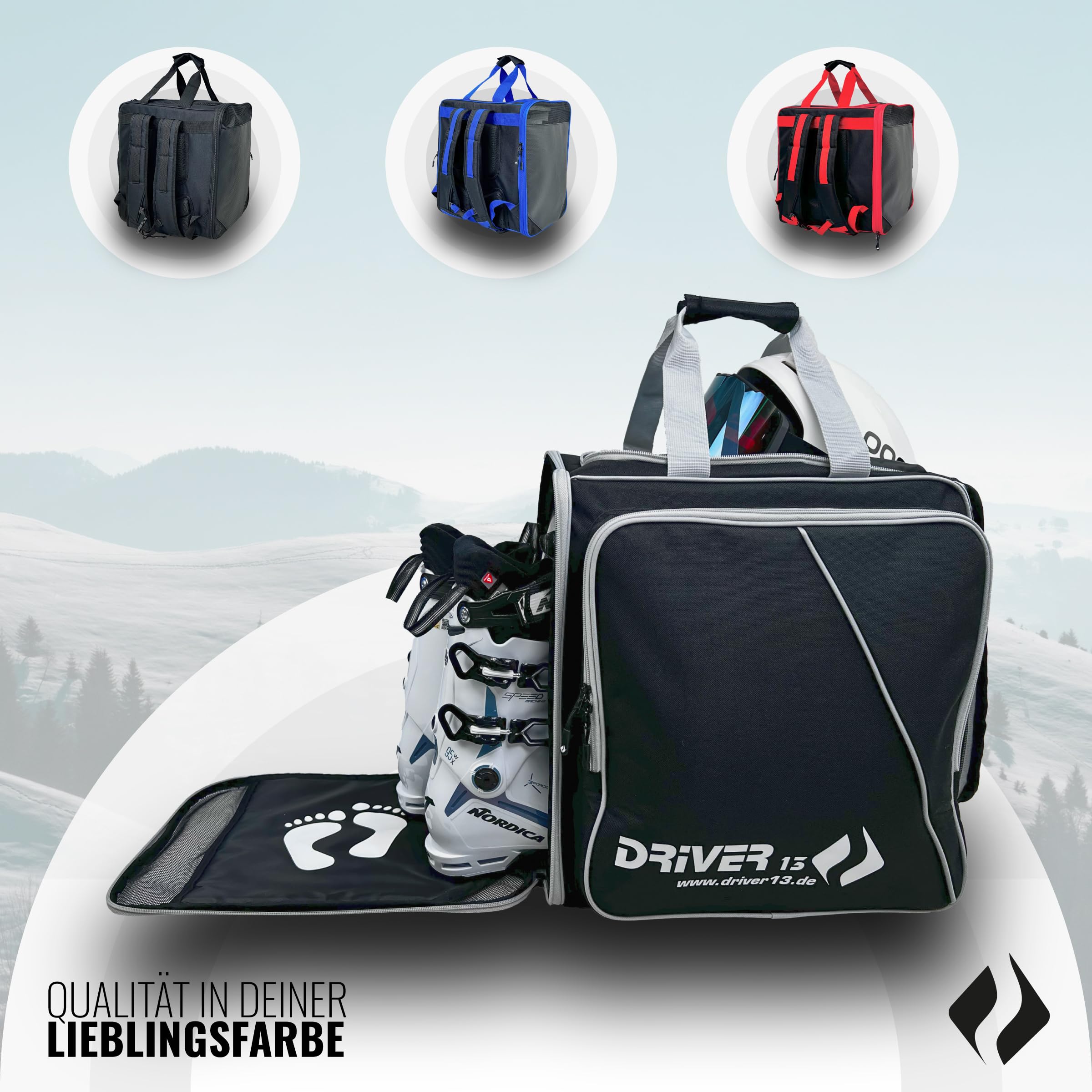 Driver13 ® Mochila para Botas de esquí con Compartimento para Casco + Mochila para Reloj de esquí con Compartimento para Casco para Botas duras + de Snowboard + inliner + Bolsa para Botas Negro-Gris