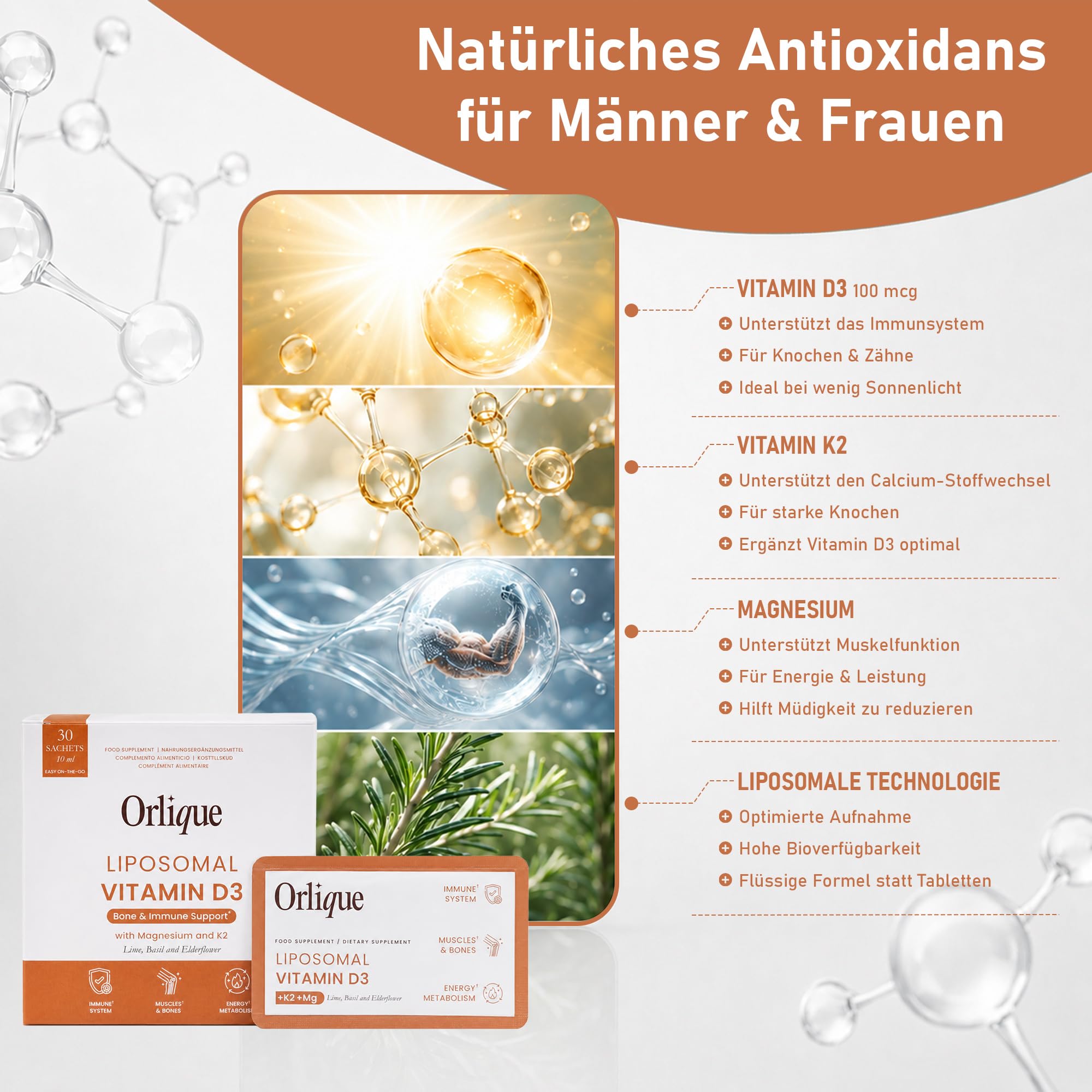 Liposomales Vitamin D3 K2 Magnesium Flüssige - 30 Sachets - Hochdosiert 100 mcg Vitamin D3 pro Tag - 1 Monatsvorrat - Hohe Bioverfügbarkeit für Immunsystem, Knochen & Muskeln - Vegan & Lab Getestet