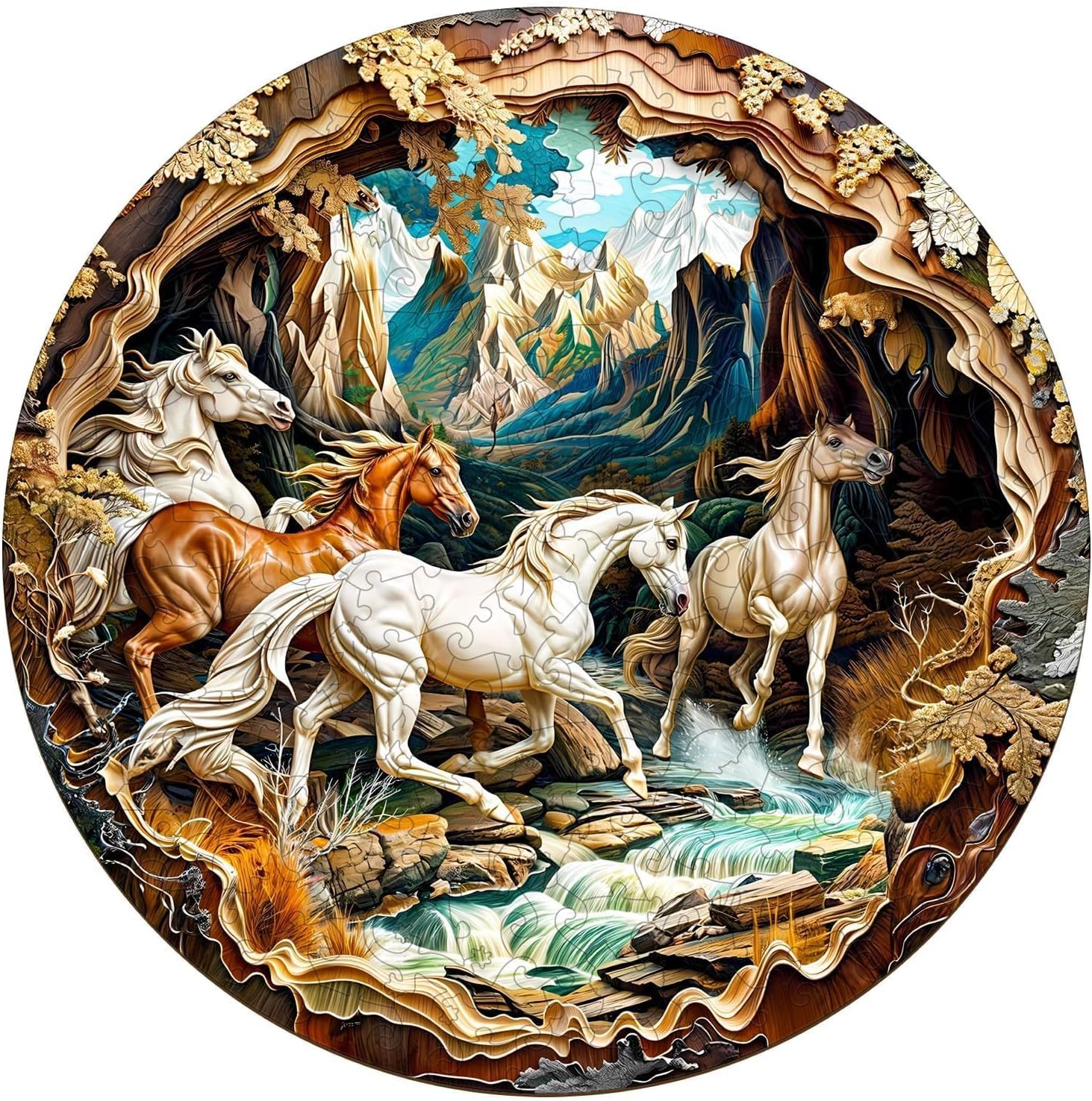 Wooden Puzzles for Adults, 3D Visual Effects Running Horses Wooden Jigsaw Puzzles for Adult, Wood Puzzles Adult, Cool Puzzles, Unique Gift Idea, Wall Art Canvas Puzzle (L-13.4 * 13.4in -300 Pcs)