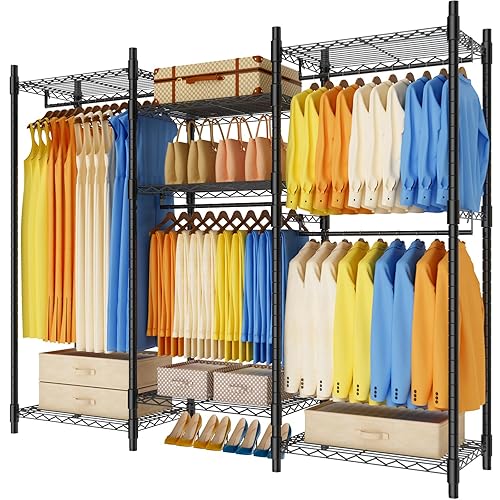 EasyCom Percheros ajustables para bricolaje, 7 estantes resistentes para colgar ropa, armario de metal independiente con 4 barras de armario,