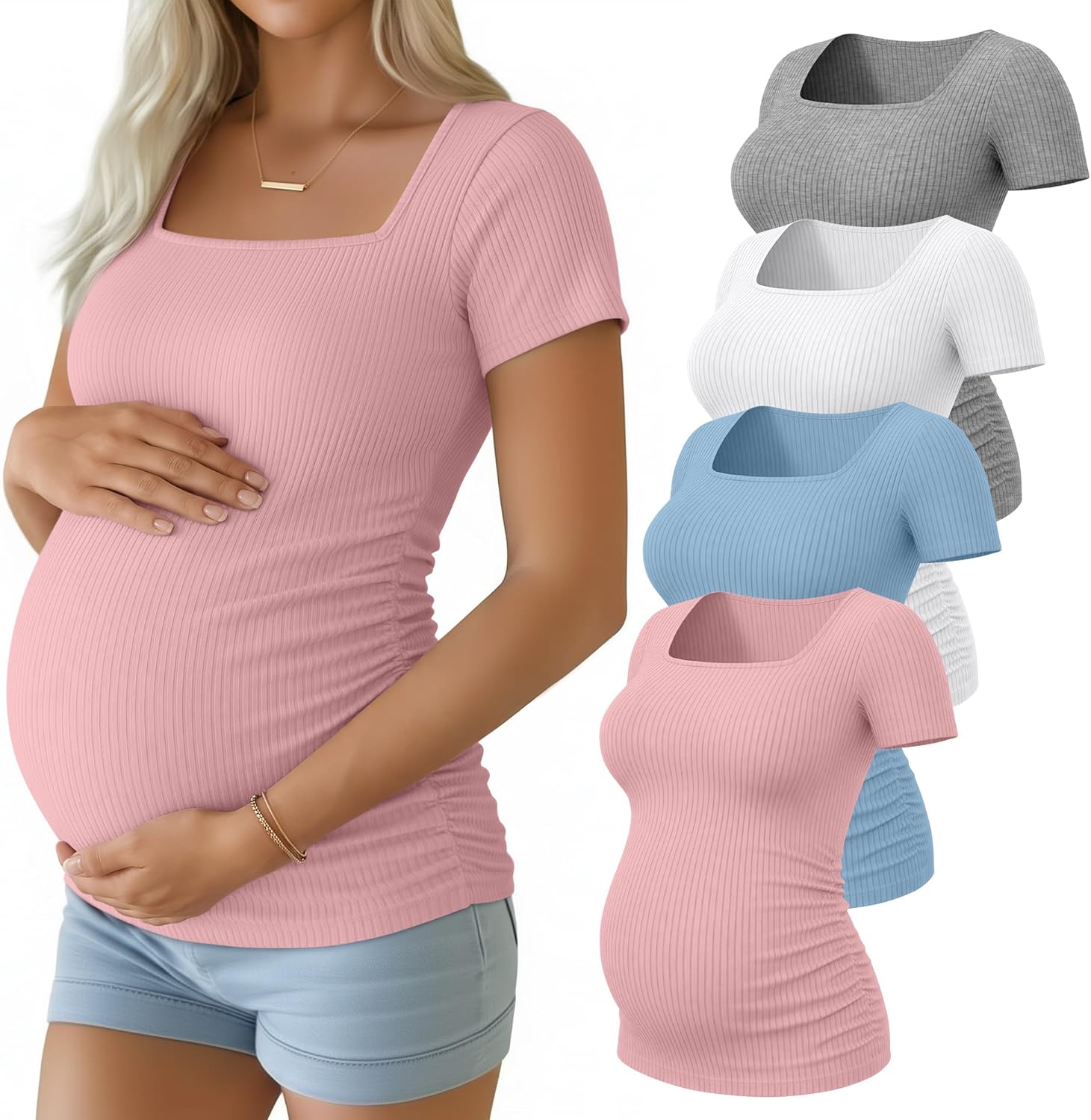 Huukeay 4 Pack Women's Maternity Shirts Cotton Ribbed Short Sleeve Square Neck Pregnancy Tops Side Ruched Summer Tee