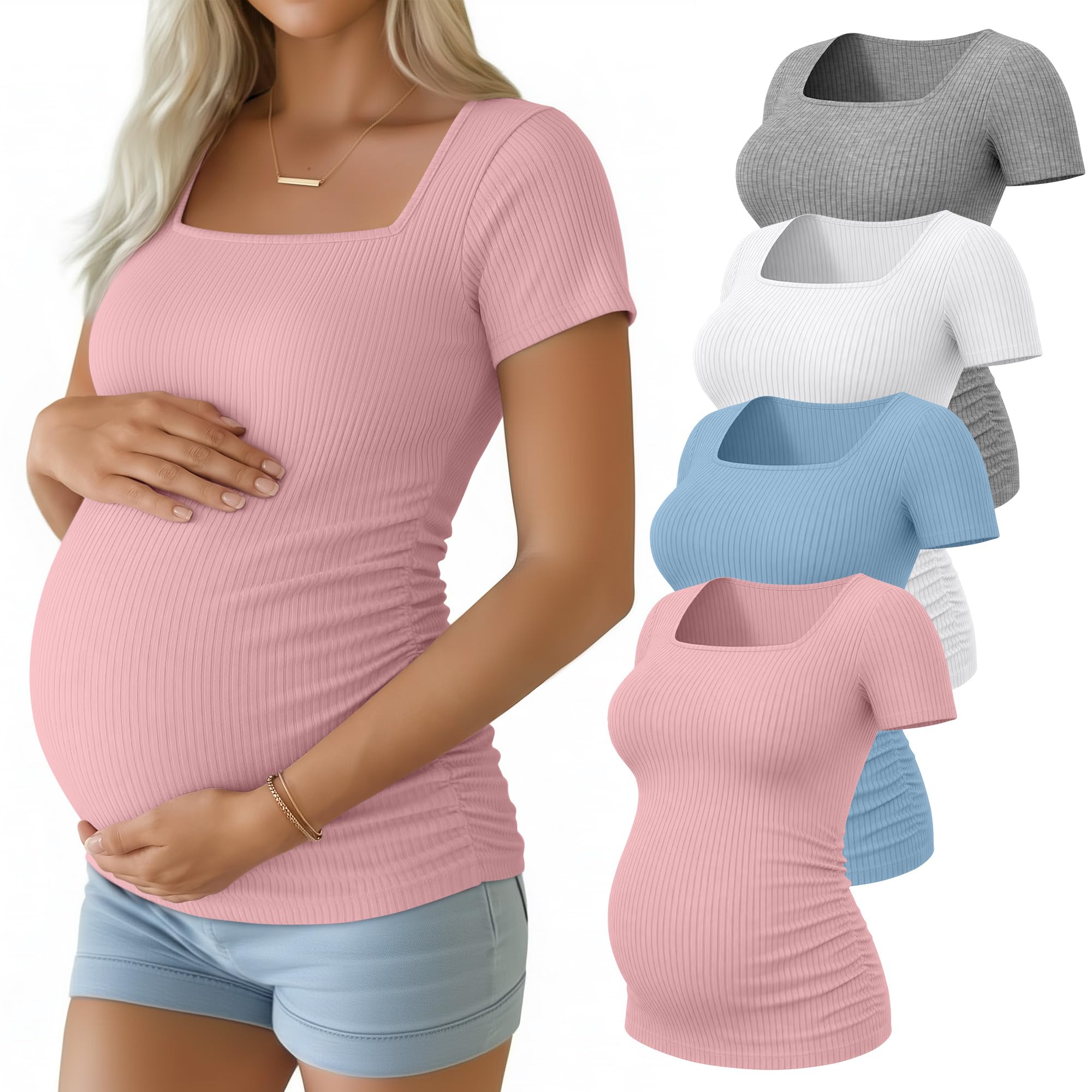 Geyoga Lot de 4 Chemises de Maternité pour Femmes | T-shirt De Maternité À Manches Courtes En Pur Coton Côtelé, Col Carré, IDéal Pour Le Travail Au Quotidien Des Mamans