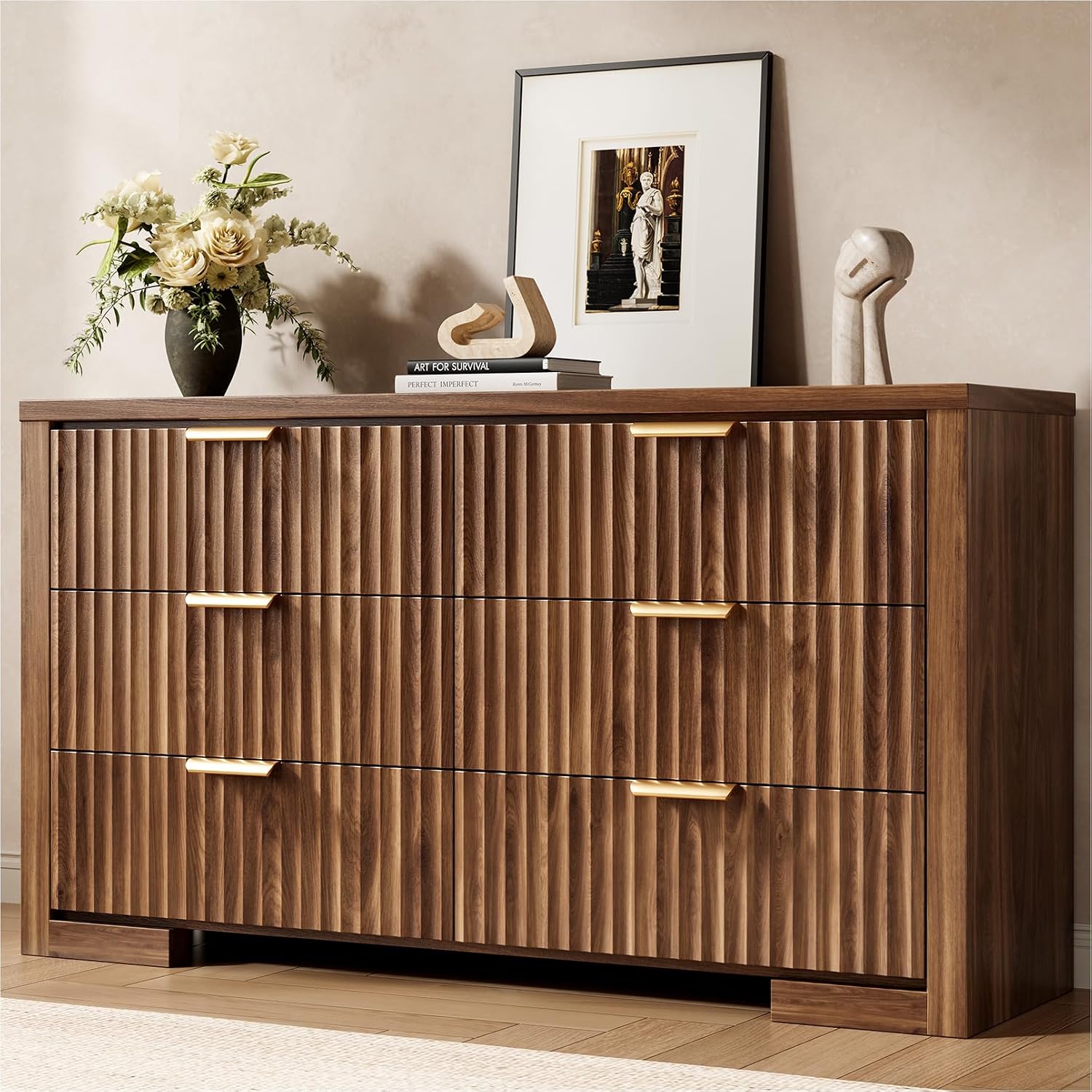 Fluted Walnut Dresser with 6 Drawers, 54″ Wide Chest of Drawers with Metal Handle, Modern Storage Dressers Organizer for Living Room, Hallway, Bedroom