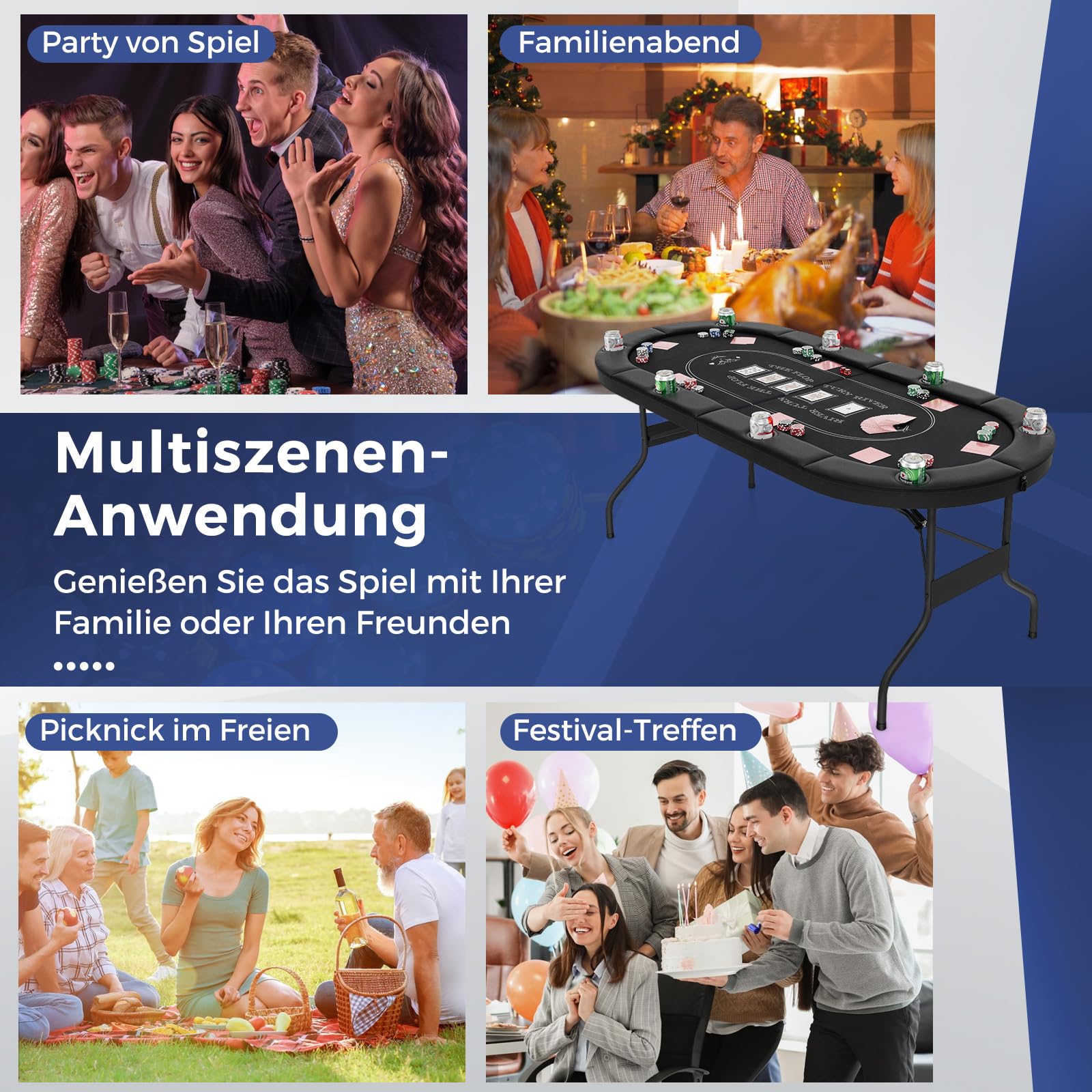 DREAMADE Faltbarer Pokertisch für 8 Spieler, Poker Table mit Getränkehalter, Metall-Rahmen 182 x 82 x 75 cm Schwarz