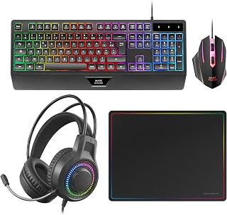 Mars Gaming MCP124PRO, Spanisch, Gaming-Combo 4in1, RGB H-Mech-Tastatur mit Handballenauflage, RGB-Maus 3200DPI HUANO-Schalter, FRGB-Headset, Nanotextil-Mauspad 36x26cm, Multiplattform, Schwarz