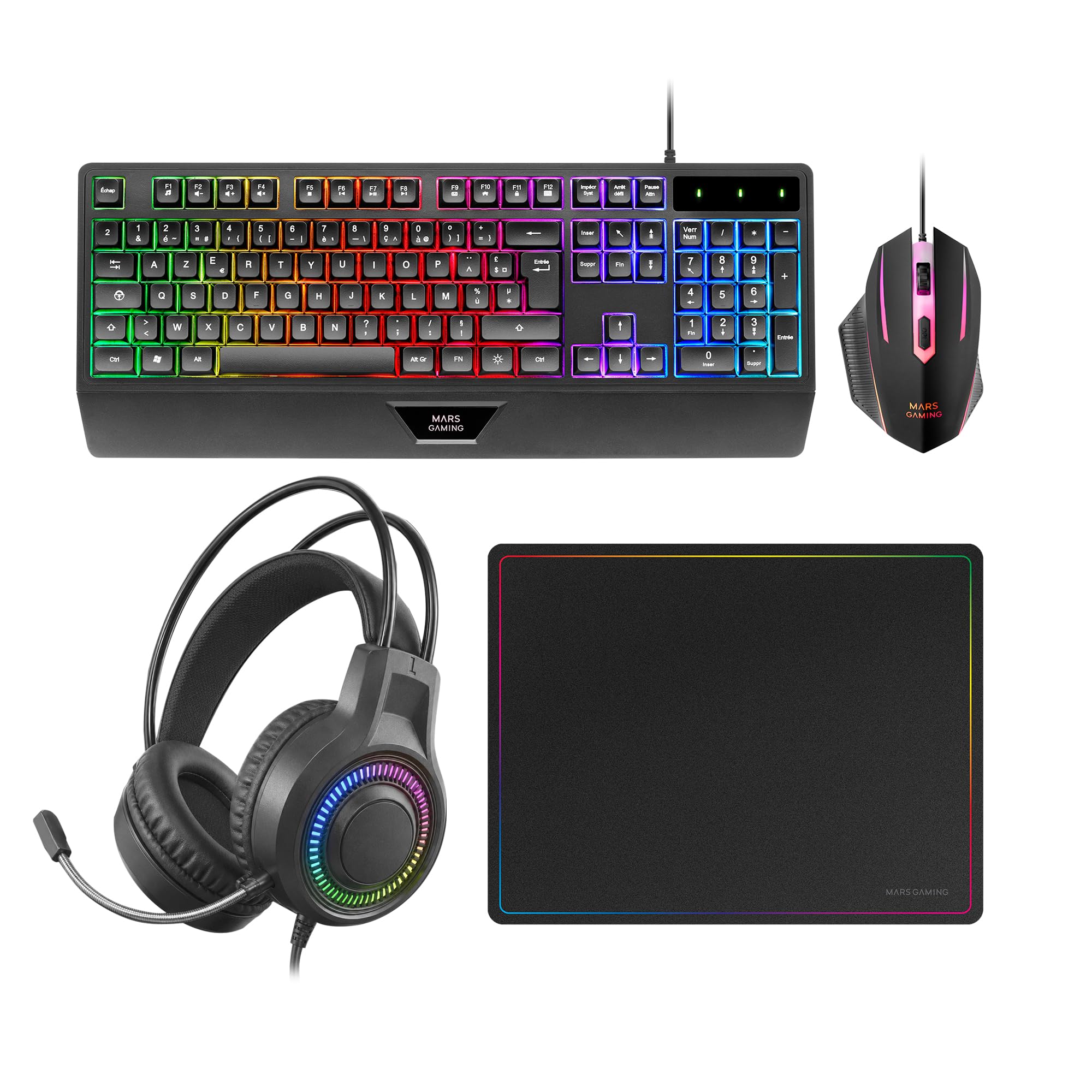 Mars Gaming MCP124PRO, Spanish, Gaming Combo 4in1, RGB H-Mech Keyboard with Wrist Rest, RGB Mouse 3200DPI and HUANO Switches, FRGB Headset, Nanotextile Mousepad 36x26cm, Multiplatform, Black