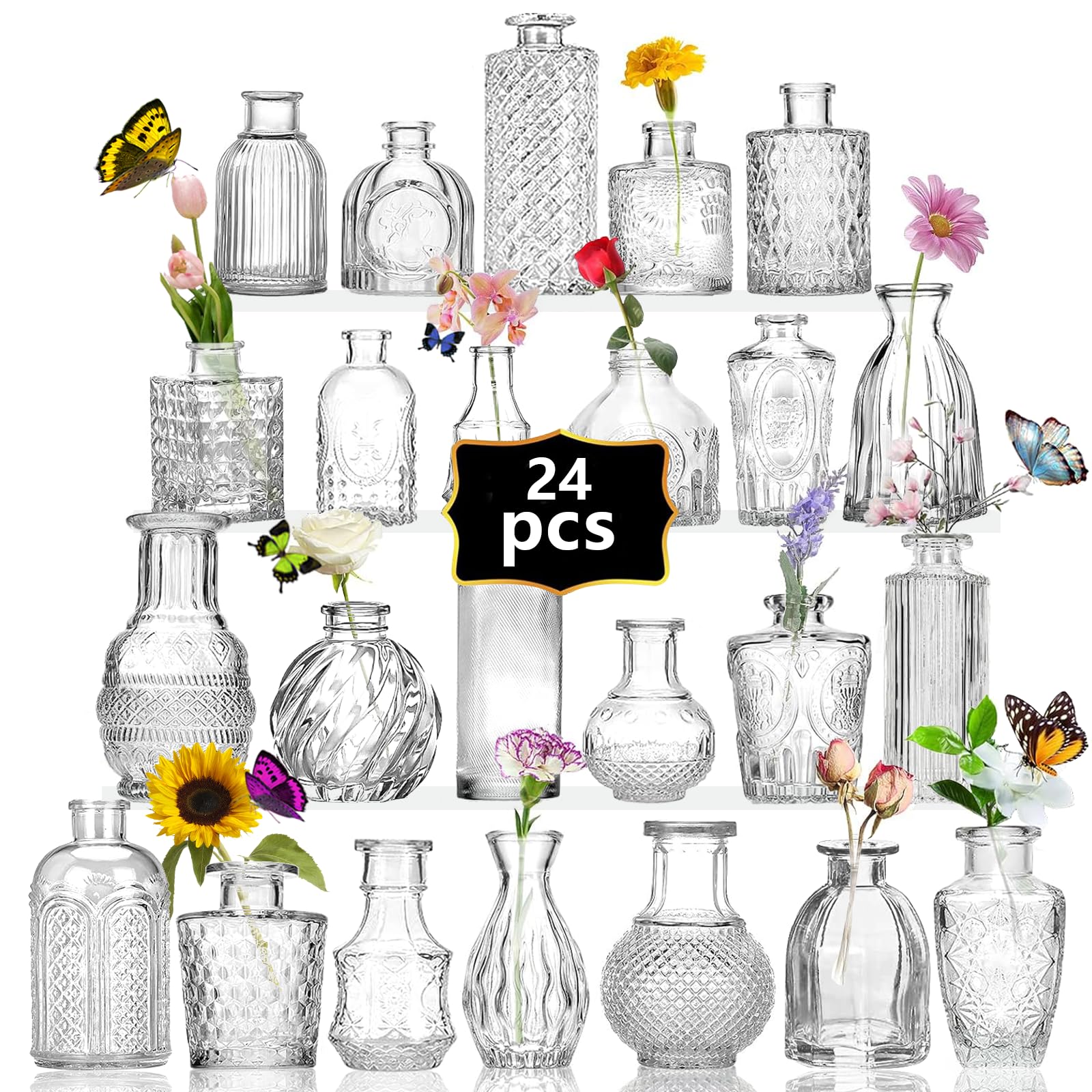 Photo 1 of Anquephd 24PCS Mini Bud Vases As Wedding Centerpieces for Tables,Clear Bud Vases for Flowers,Small Flower Vases Suitable for Birthday Party,Anniversary,Wedding Reception,Baby Shower (Clear, 24PCS)