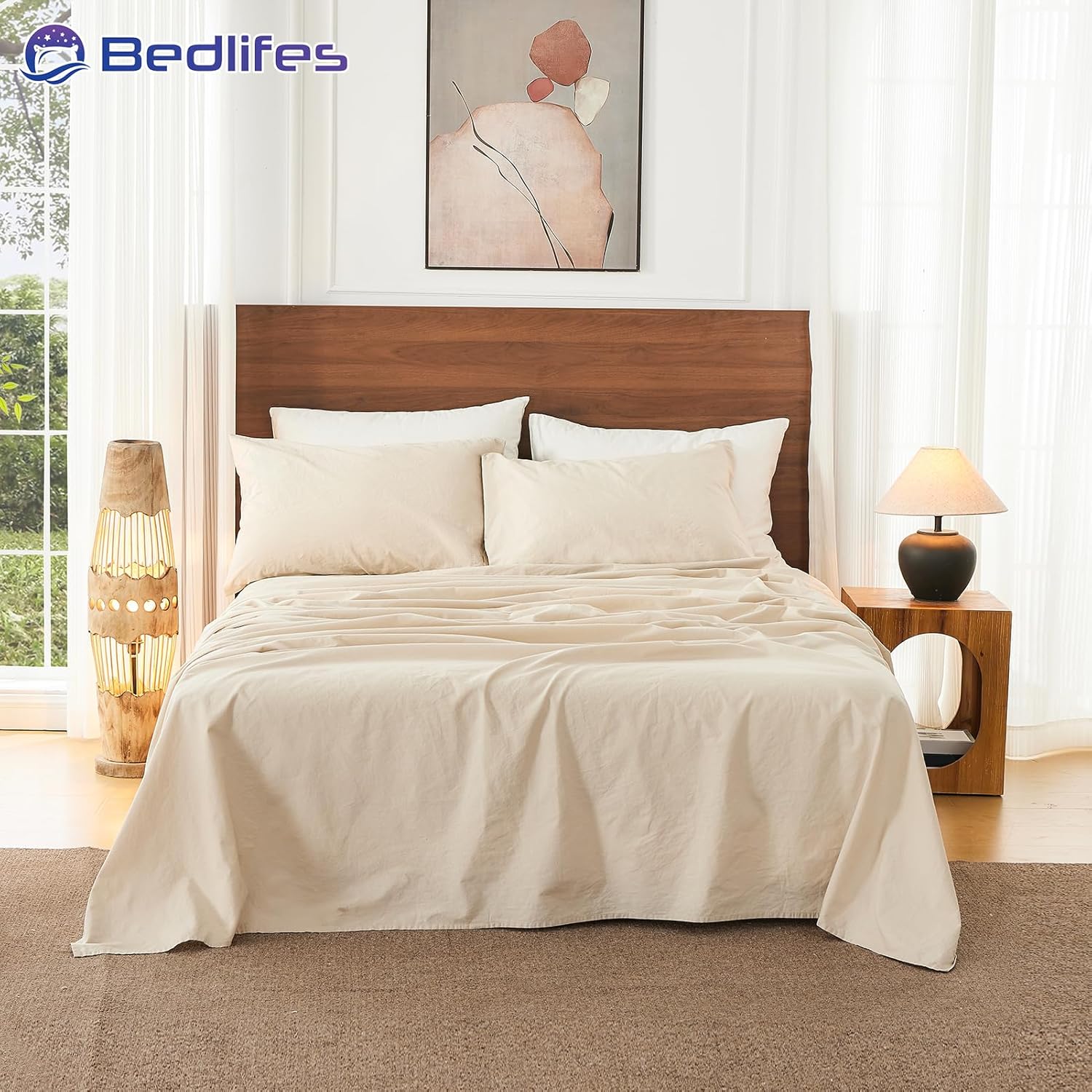 Bedlifes 100% French Pure Linen Sheets King Size Breathable and Cooling Flax Sheet Set Soft Durable and Moisture Wicking 16 Inch Deep Pocket-4 Piece(King,Linen) 4PC-16"-King Linen image 6 of 8 B0F238RF1G