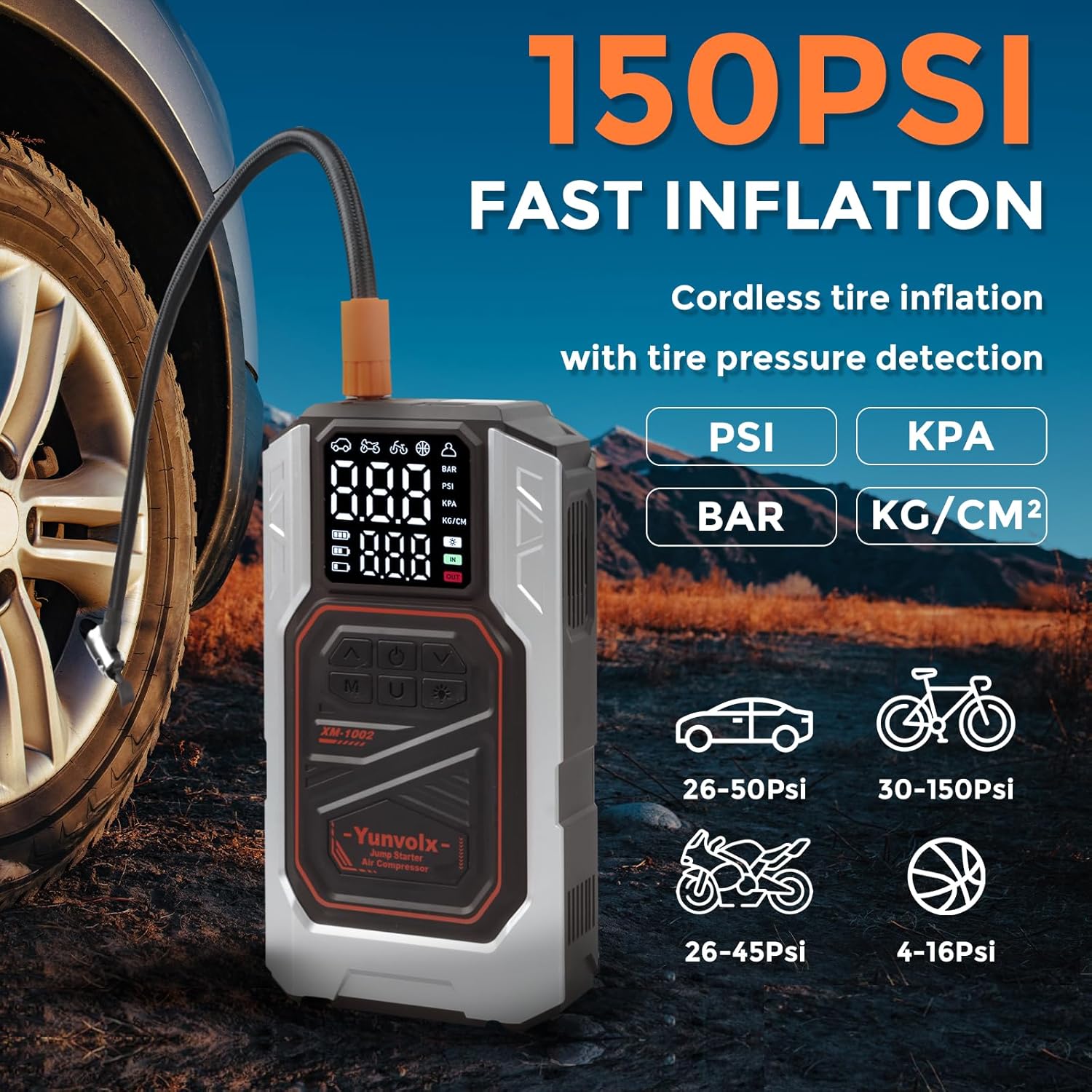 Jump Starter with Air Compressor, 3000A 12V Portable Car Emergency Jump Starter (for 9L Gasoline / 8L Diesel Engines), Equipped with USB Output, Storage Box, and LED Flashlight