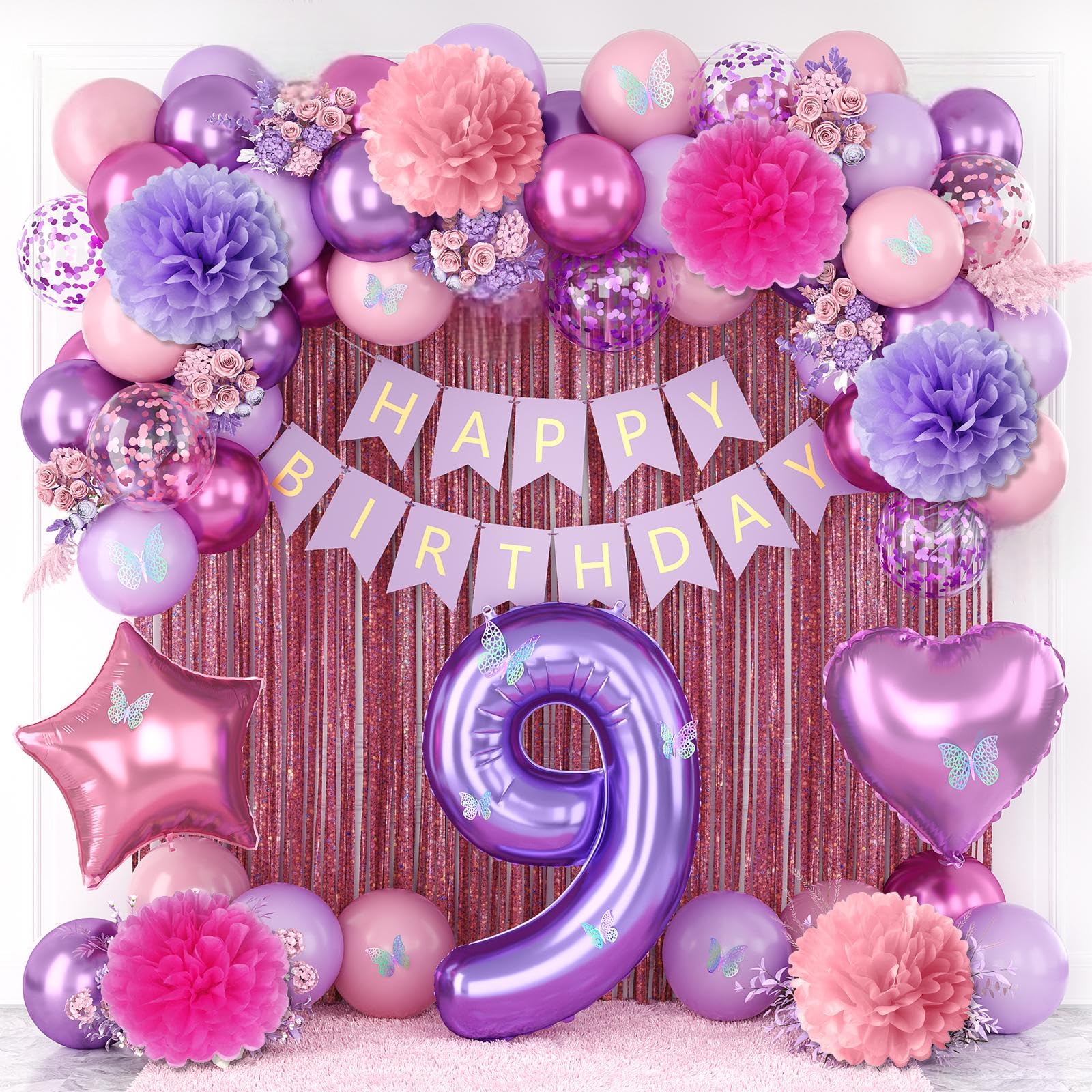 Pink Purple 9th Birthday Party Decoration for Girls Number 9 Princess Decor