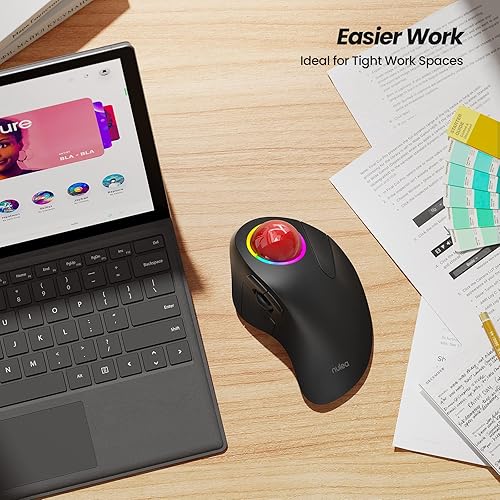 Miniatura 3 de Nulea M505B Ratón inalámbrico de Trackball, mouse ergonómico recargable RGB, fácil control de dedos de índice con 5 DPI ajustables, conexión de 3