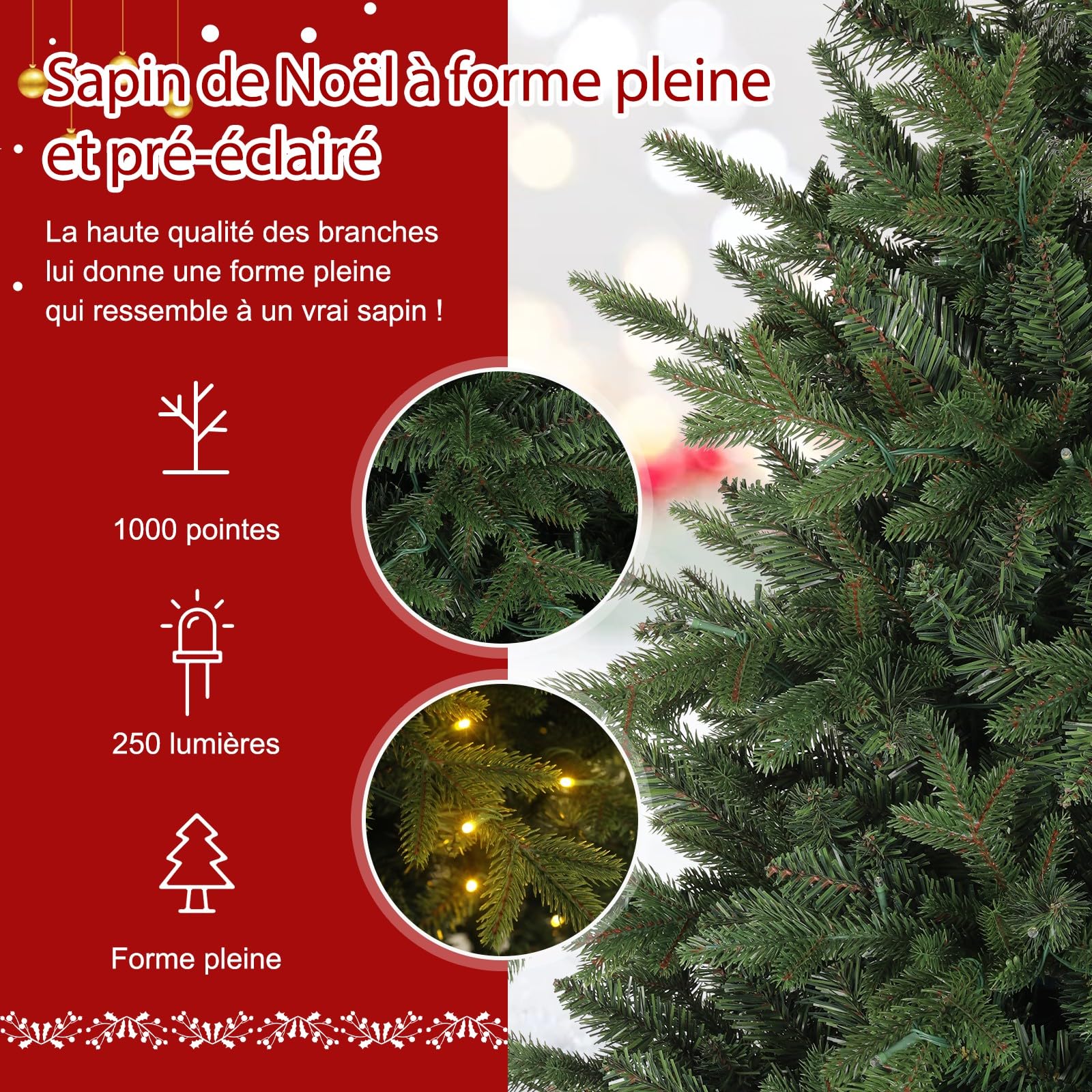 Sapin de Noël Artificiel de 180CM en PE & PVC avec 250 LED (Ø env. 124 cm) avec Neige, 1000 Pointes de Branches, Charnières en Métal & Support Pliable, Xmas Sapin pour Maison, Fête, Décoration de Noël