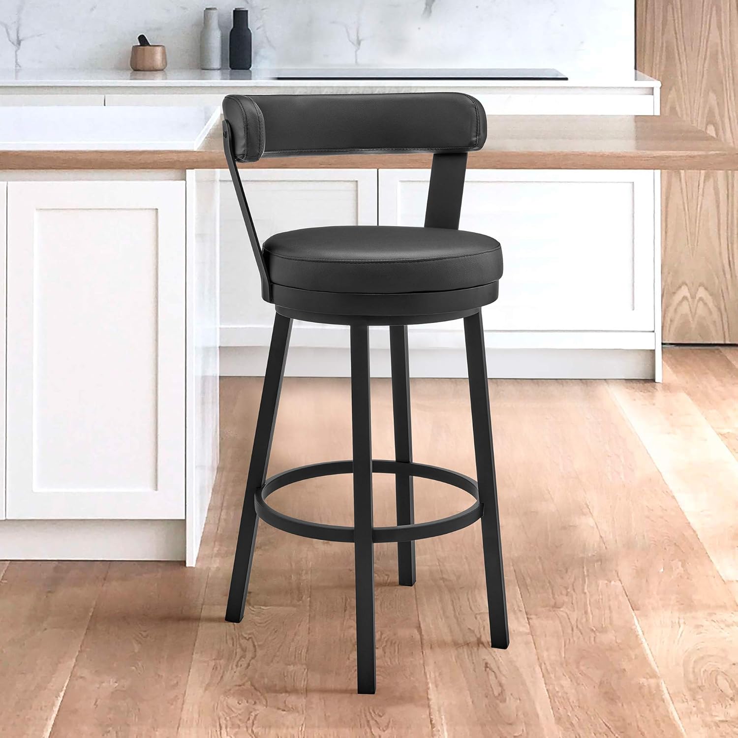 Armen Living Bryant Modern 30" Seat Height Black Faux Leather and Black Stainless Steel Metal Swivel Bar Stool for Kitchen Island Counter