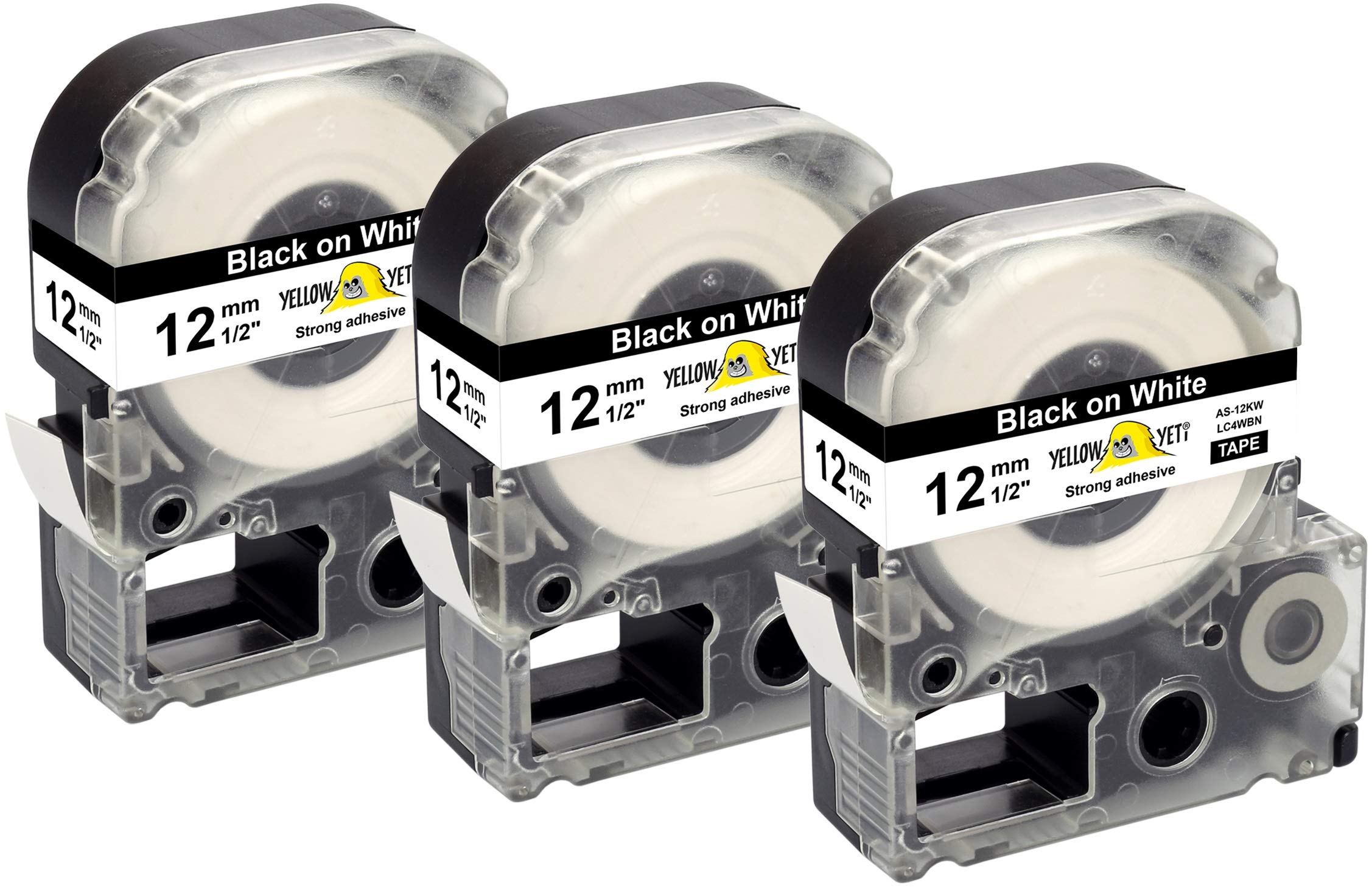 Yellow Yeti 3 Label Tapes LC-4WBN LC-4WBN9 Black on White 12mm x 8m Compatible with Epson LabelWorks LW-300 LW-300L LW-400 LW-500 LW-600P LW-700 LW-900P LW-1000P & KingJim Tepra Pro Label Makers — image 1