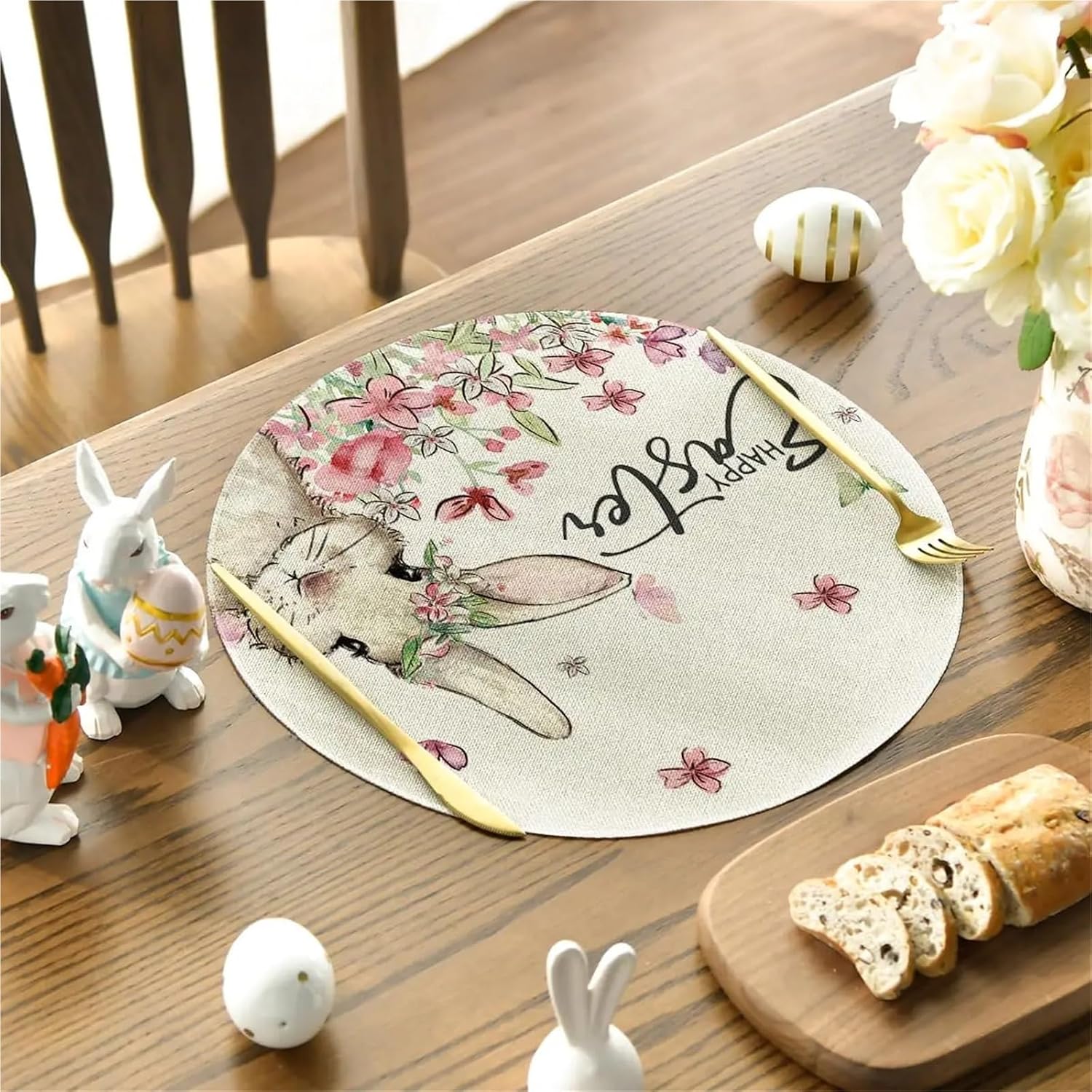 Easter Round Placemats Set of 4, 14 Inch Bunnys Flowers Spring Farmhouse Round Table Mats for Easter Party Dining Decoration(1p)
