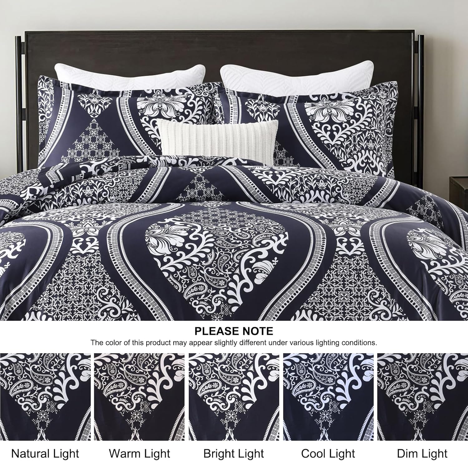 Cotton Queen Comforter Set, Navy Vintage Damask Fluffy Comforters Bedding Sets, Lightweight Soft Quilted Warm Bed Comforter for All Season 3 Piece with Pillow Shams - Image 3