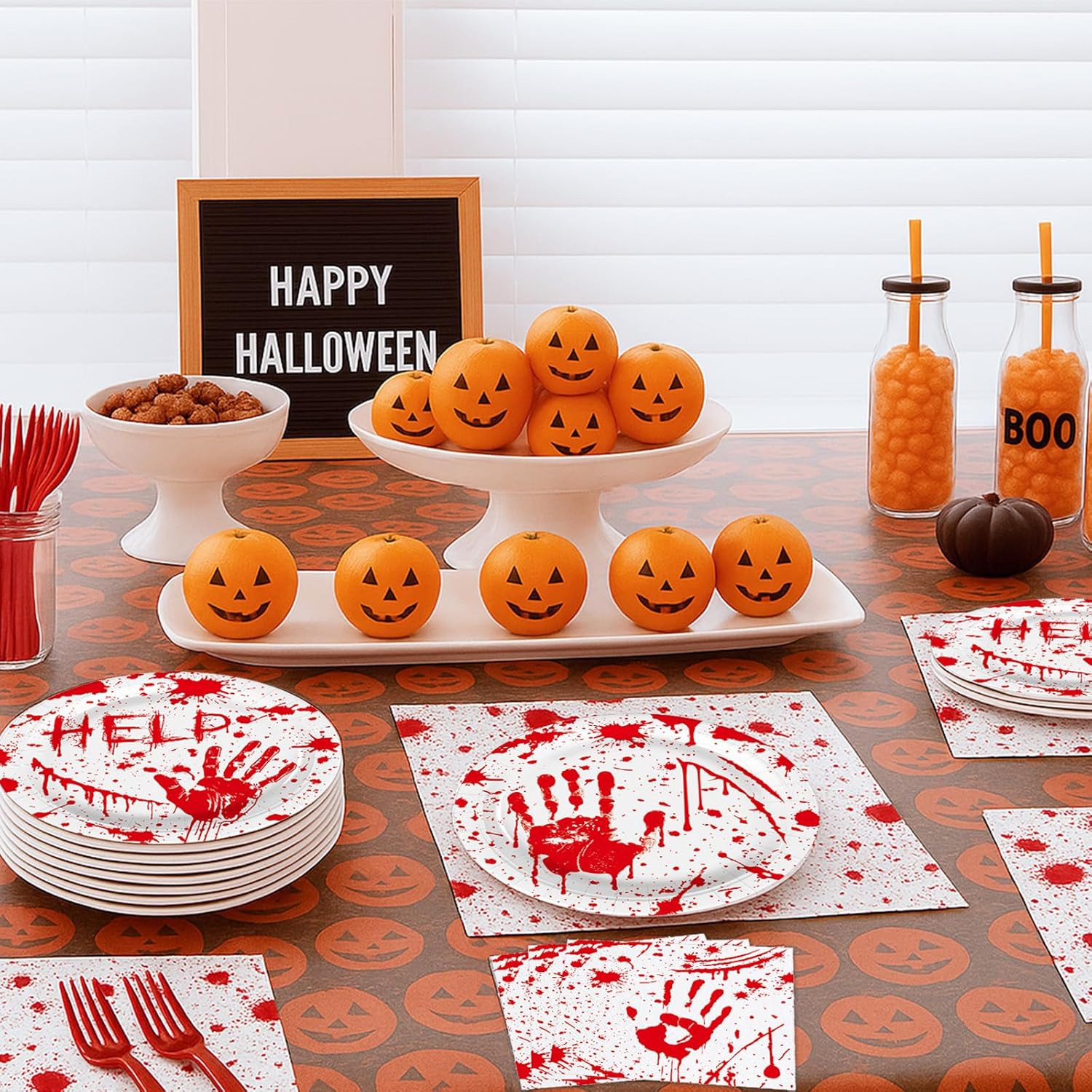 100 Pieces Halloween Bloody Handprint Tableware Set, Blood Splatter Plates, Napkins, and Red Plastic Forks for Halloween, Horror Birthday, Zombie Murder Mystery Dinner Party Supplies