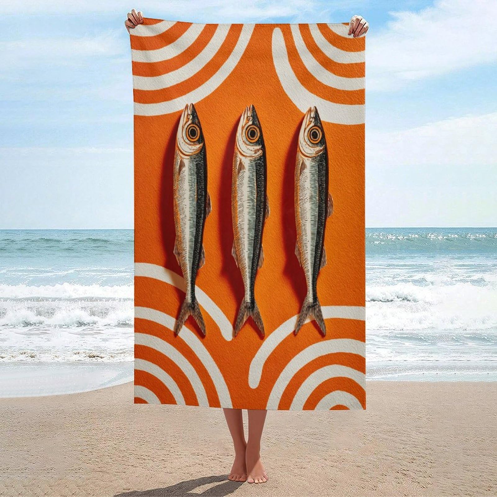 LSRCPD Three Sardines Beach Towel Sand Free Microfiber Large Shower Towels Multipurpose Absorbent for Bathroom Pool 130x80 CM