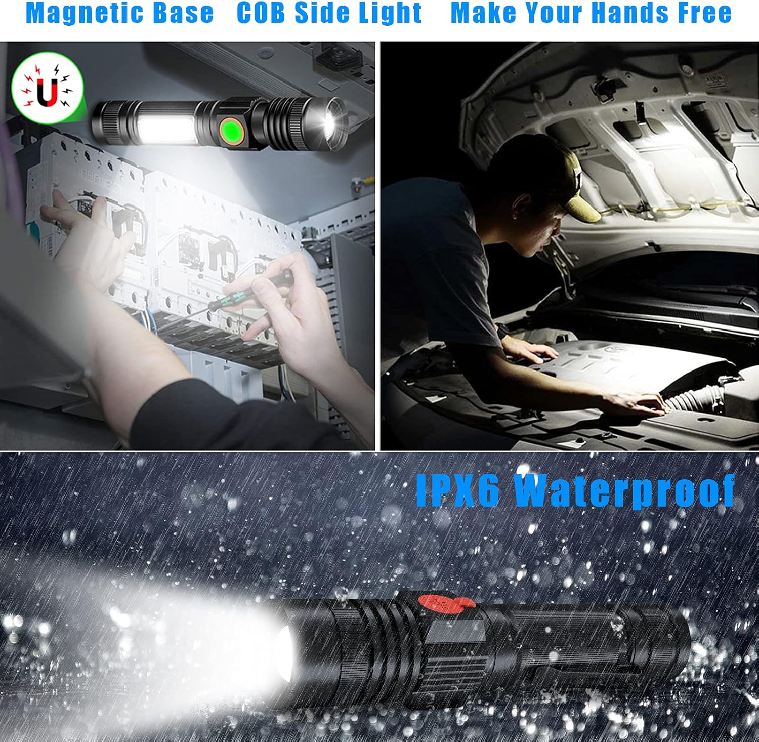 Rechargeable LED Flashlight, Waterproof Tactical Flashlights with COB Work Light, Zoomable, Super Bright Magnetic Flashlight Water Resistant, Small Pocket Flashlights for Camping, Emergencies, Hiking - - 