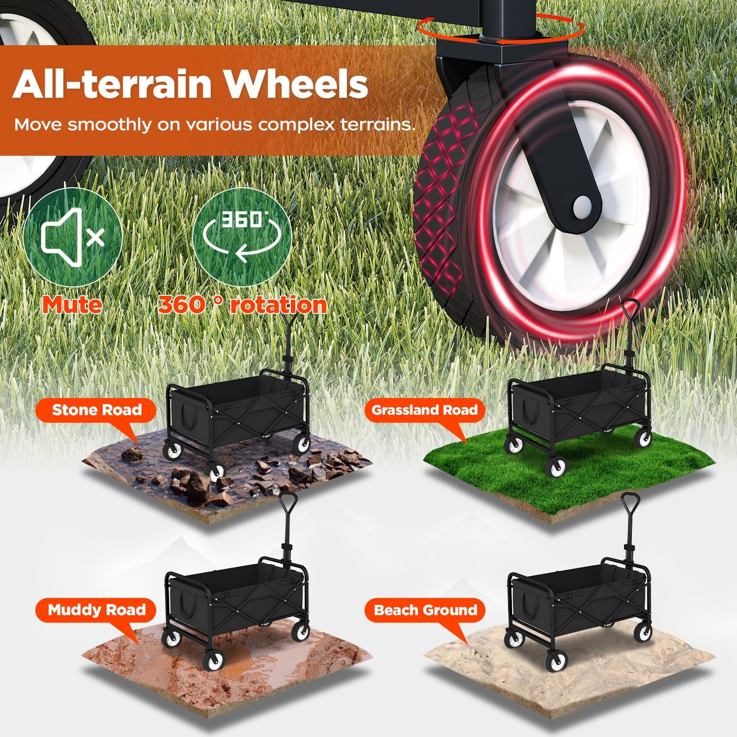 PayLessHere | Collapsible Wagon Cart with Wheels | Black | Heavy Duty Foldable Utility Cart with 330 lb Capacity | with All-Terrain Wheels & Adjustable Handle for Outdoor, Garden, Beach, Shopping